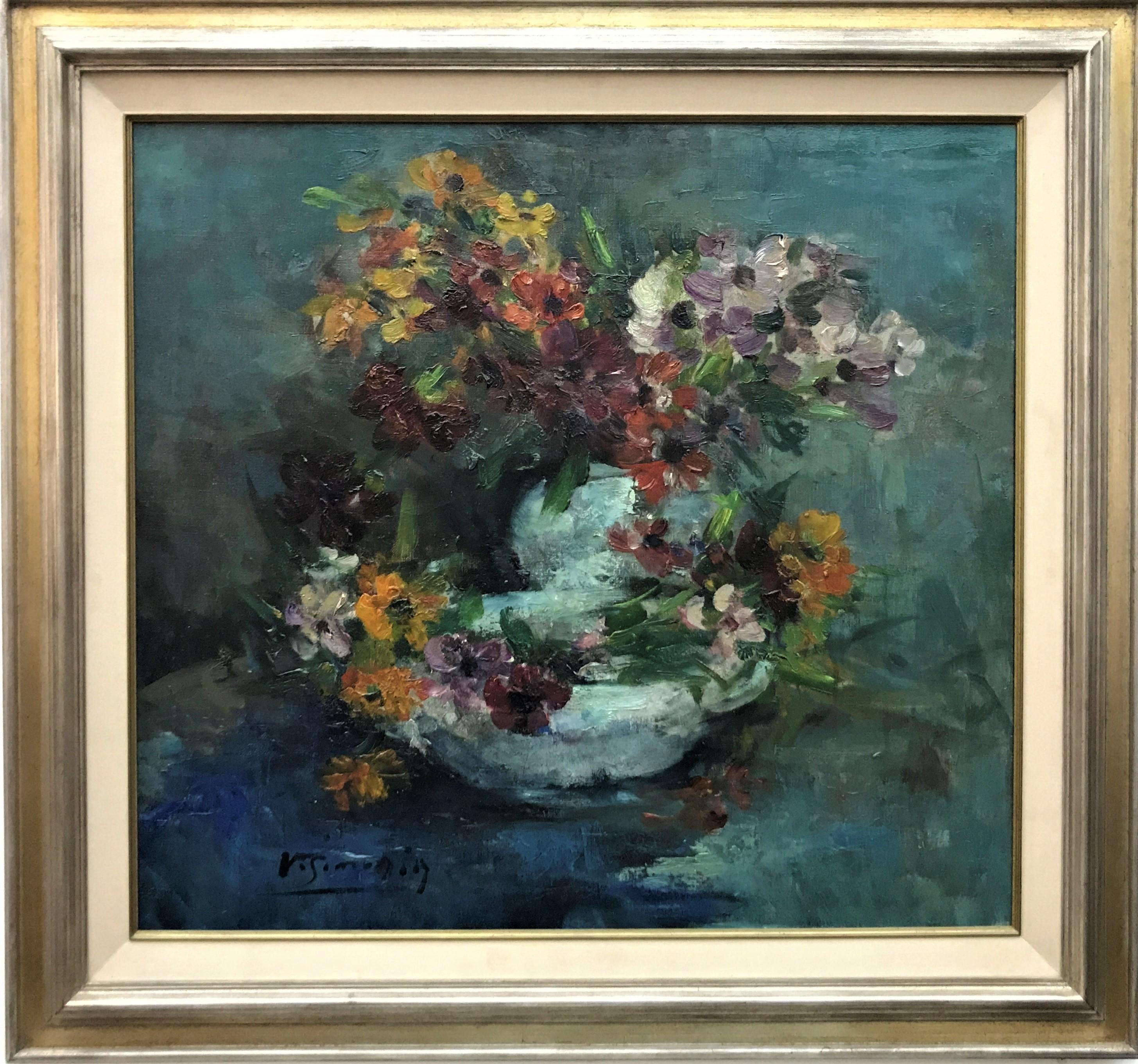 Still Life with a Basket of Flowers, original oil on canvas, early 20thC - Painting by Victor Simonin