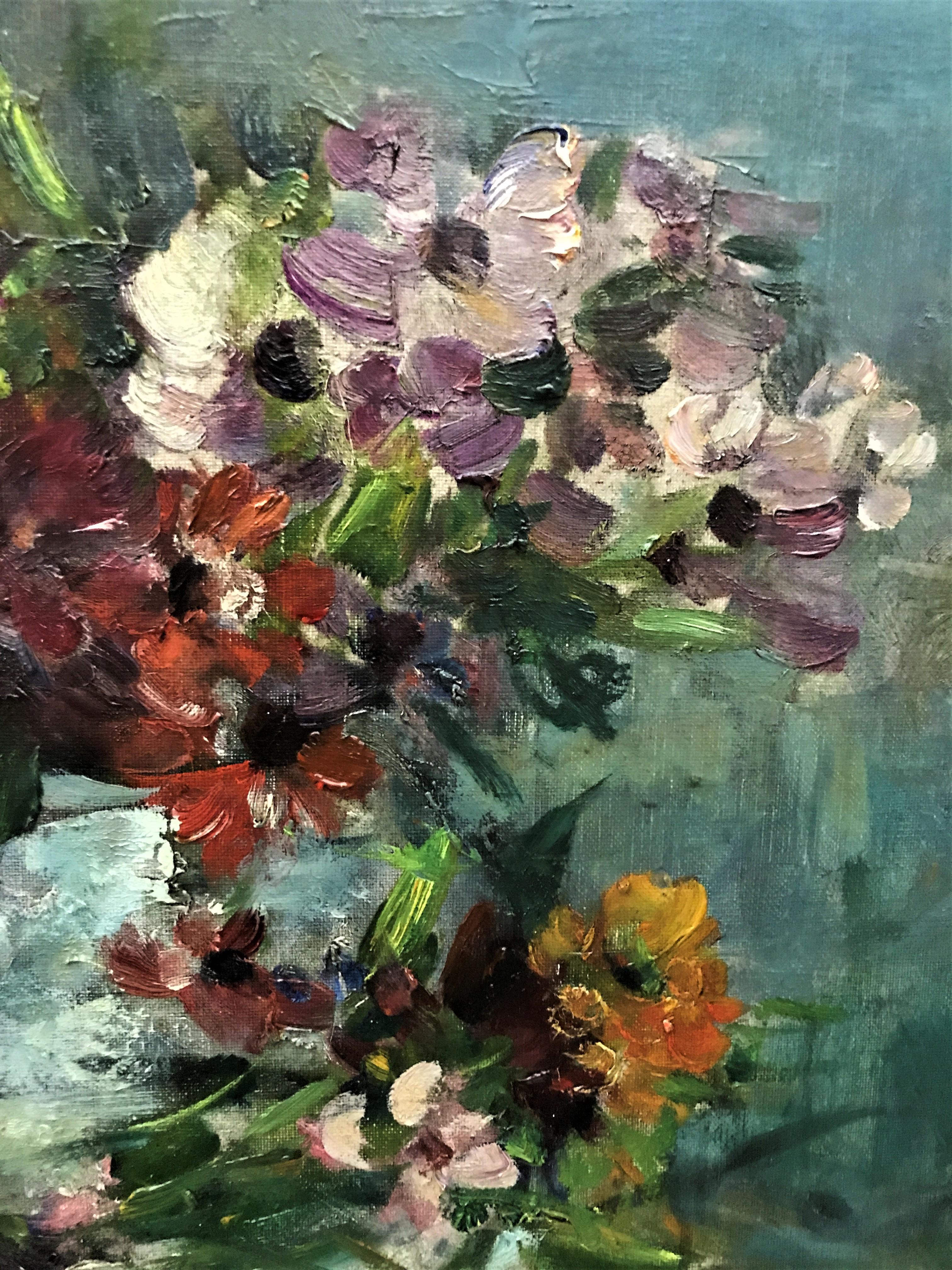 Nature morte avec un panier de fleurs, huile sur toile originale, début du 20e siècle - Noir Still-Life Painting par Victor Simonin