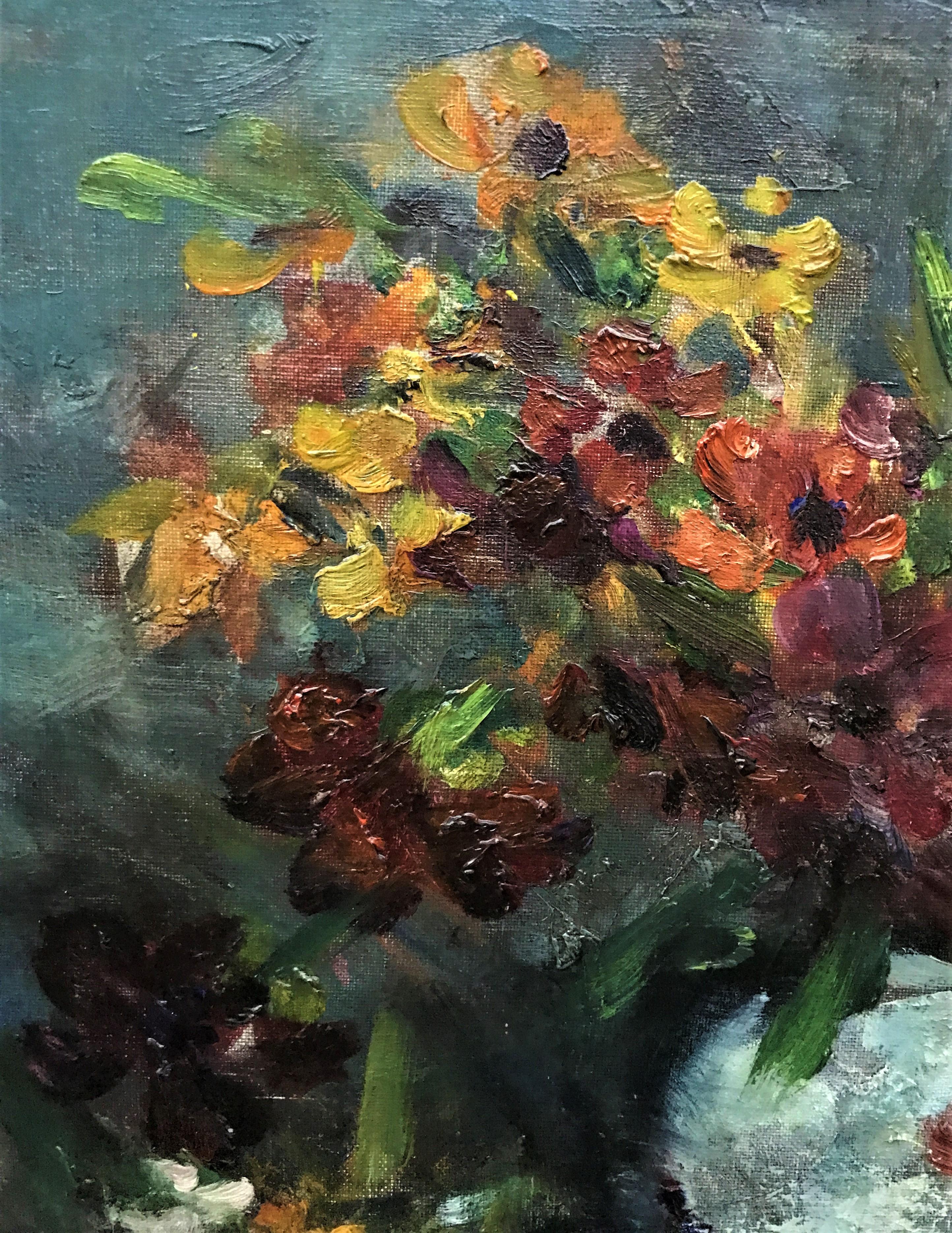 Il s'agit d'une superbe peinture de nature morte représentant un panier de fleurs. Cette huile sur toile originale datant du 20e siècle est une œuvre de Victor Simonin.         
Victor Simonin (1877 - 1946), actif et vivant en Belgique, est connu