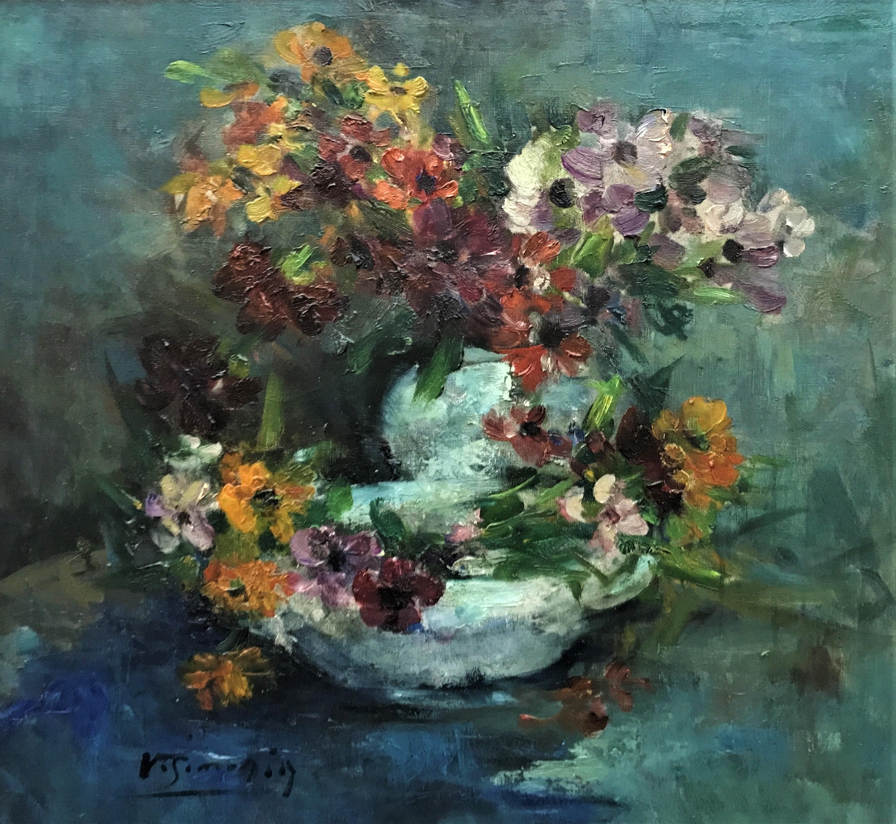 Still-Life Painting Victor Simonin - Nature morte avec un panier de fleurs, huile sur toile originale, début du 20e siècle