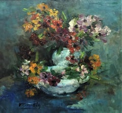 Nature morte avec un panier de fleurs, huile sur toile originale, début du 20e siècle