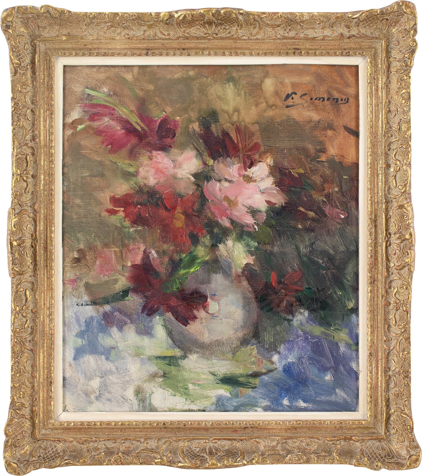 This early to mid-20th-century oil painting by Belgian artist Victor Simonin (1877-1946) depicts a vase of red and pink flowers.

Described as a “tender bohemian”, Simonin was predominantly known for his spirited landscapes and stills. Hailing from