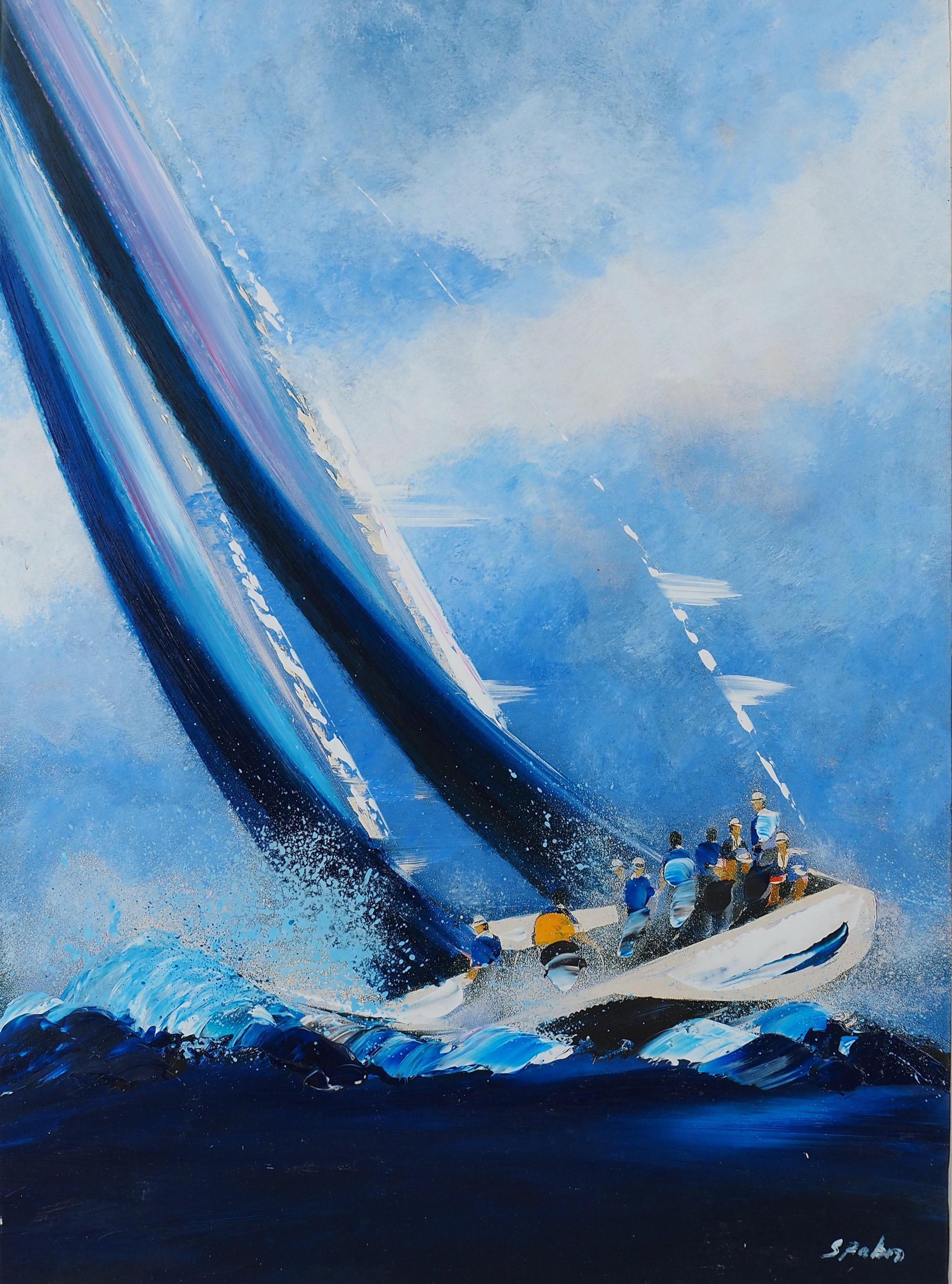 Americas Cup: Barca a vela - Olio originale su tela firmato da una mano - Painting Contemporaneo di Victor Spahn