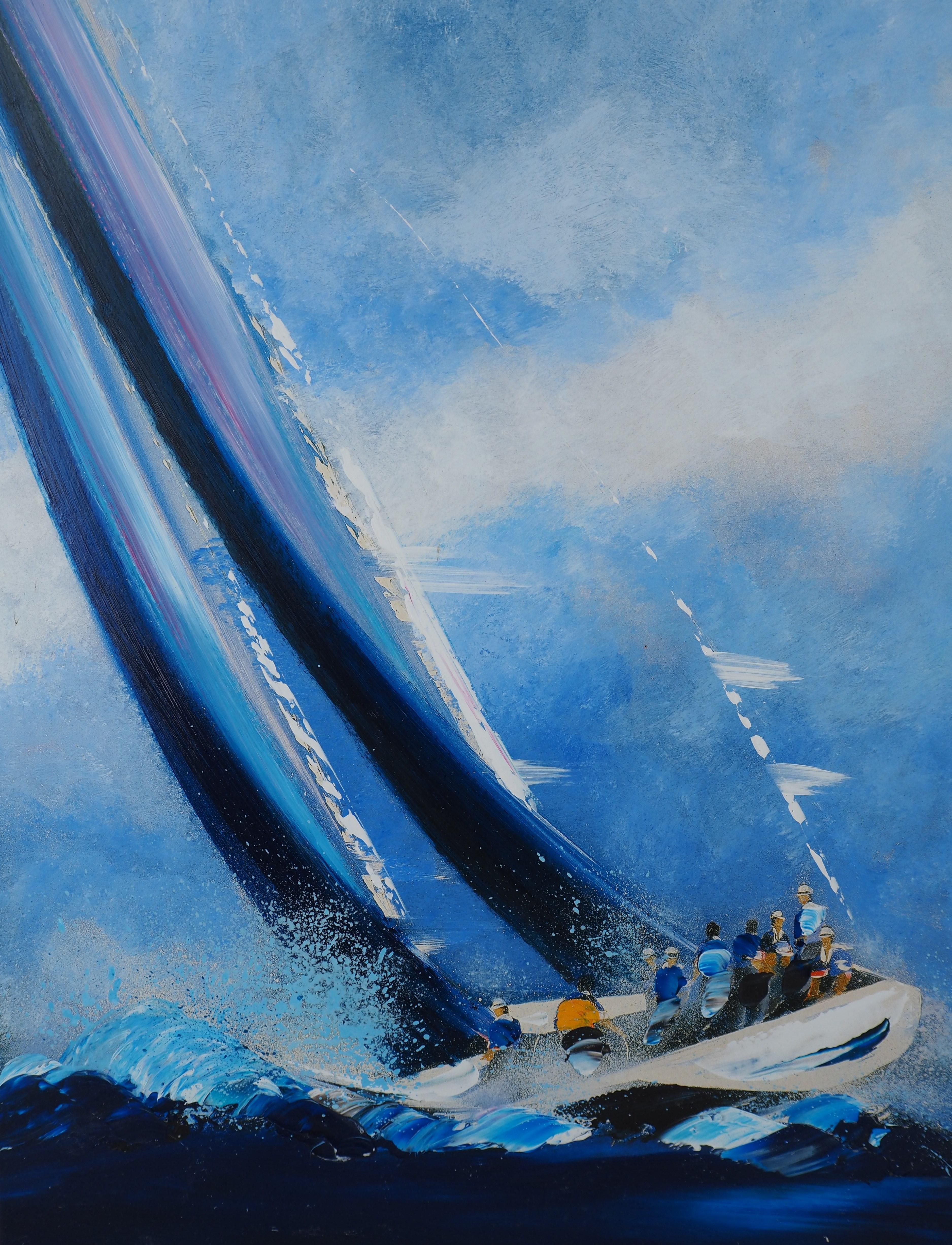 Victor Spahn
Americas Cup : Barca a vela

Olio originale su tela
Firmato dall'artista in basso a destra 
Dimensioni 67 x 50 cm (c. 27 x 20 in)
Presentato in cornice di legno blu 87 x 70 cm (c. 35 x 28 in)

Condizioni eccellenti, piccoli difetti alla