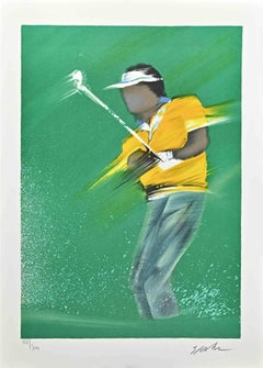 Joueur de golf - Lithographie de Victor Spahn - Milieu du XXe siècle