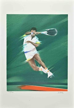 Tennisspieler – Lithographie von Victor Spahn – Mitte des 20. Jahrhunderts