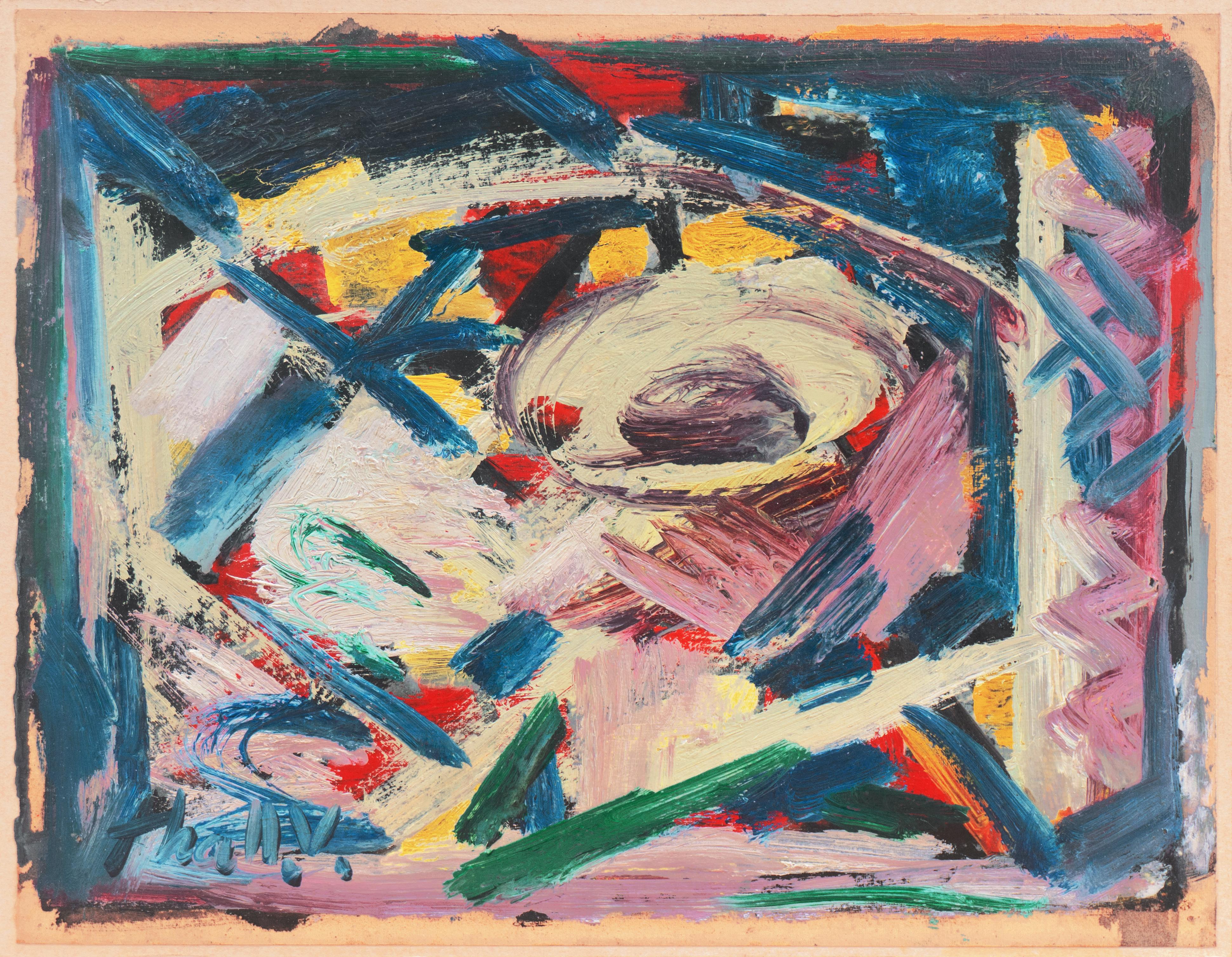 Signed lower left, 'Thall V' for Victor Thall (American, 1902-1983) and painted circa 1950.

A mid-century, American abstract oil comprising complex, contiguous and superimposed, linear and ovoid forms painted with an energetic and painterly brush