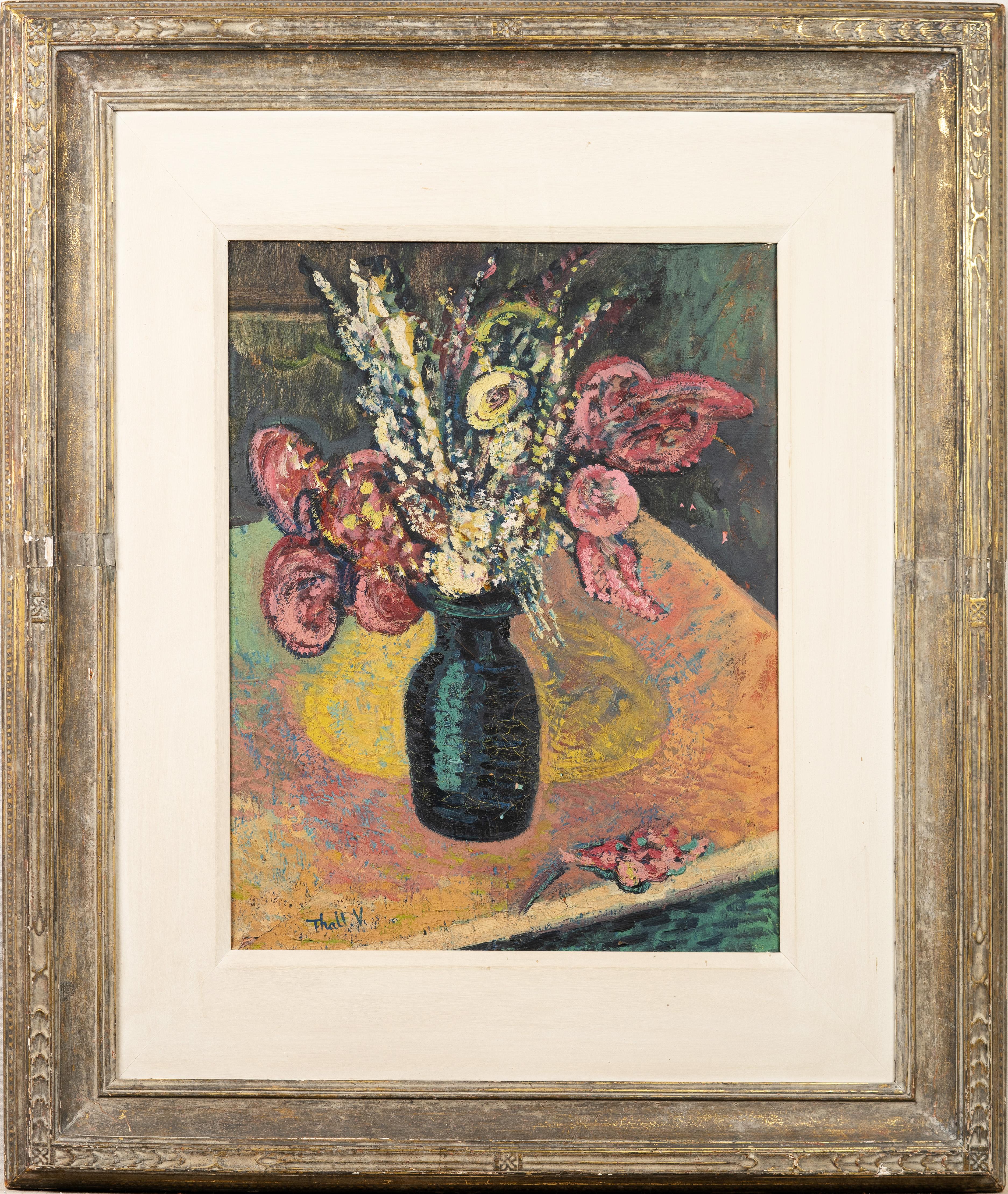 Antique American modernist still life oil painting by Victor Thall (American, 1902-1983).  Oil on canvas.  Framed in a very nice period American frame.  Great color and thick impast.  Signed.  