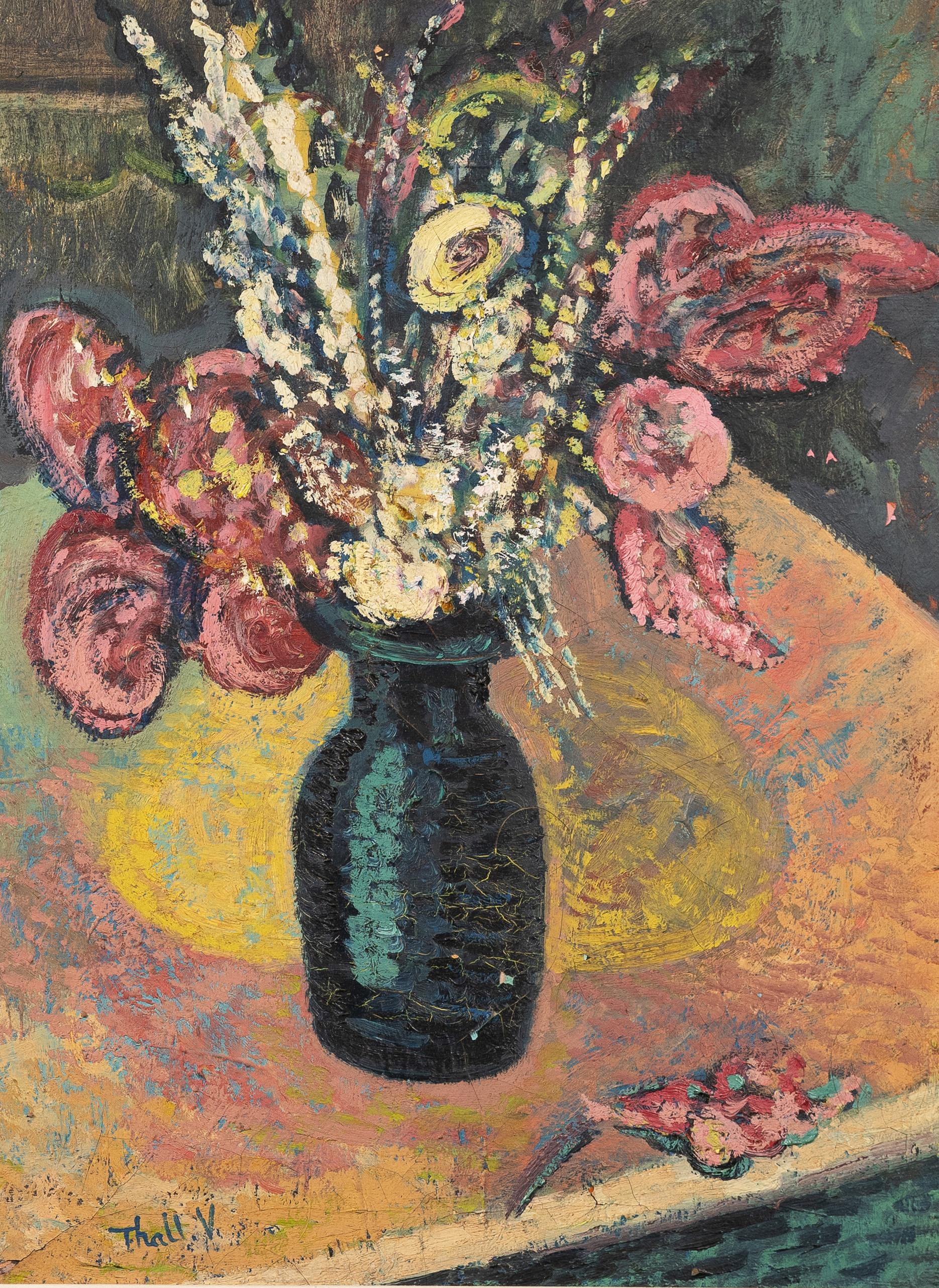 Peinture à l'huile post-impressionniste, grande nature morte rose moderne, encadrée en vente 1