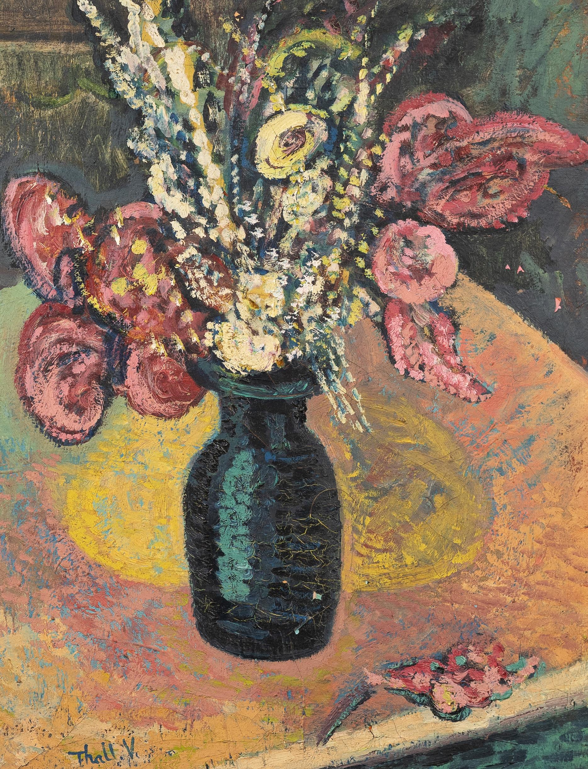 Peinture à l'huile post-impressionniste, grande nature morte rose moderne, encadrée en vente 2