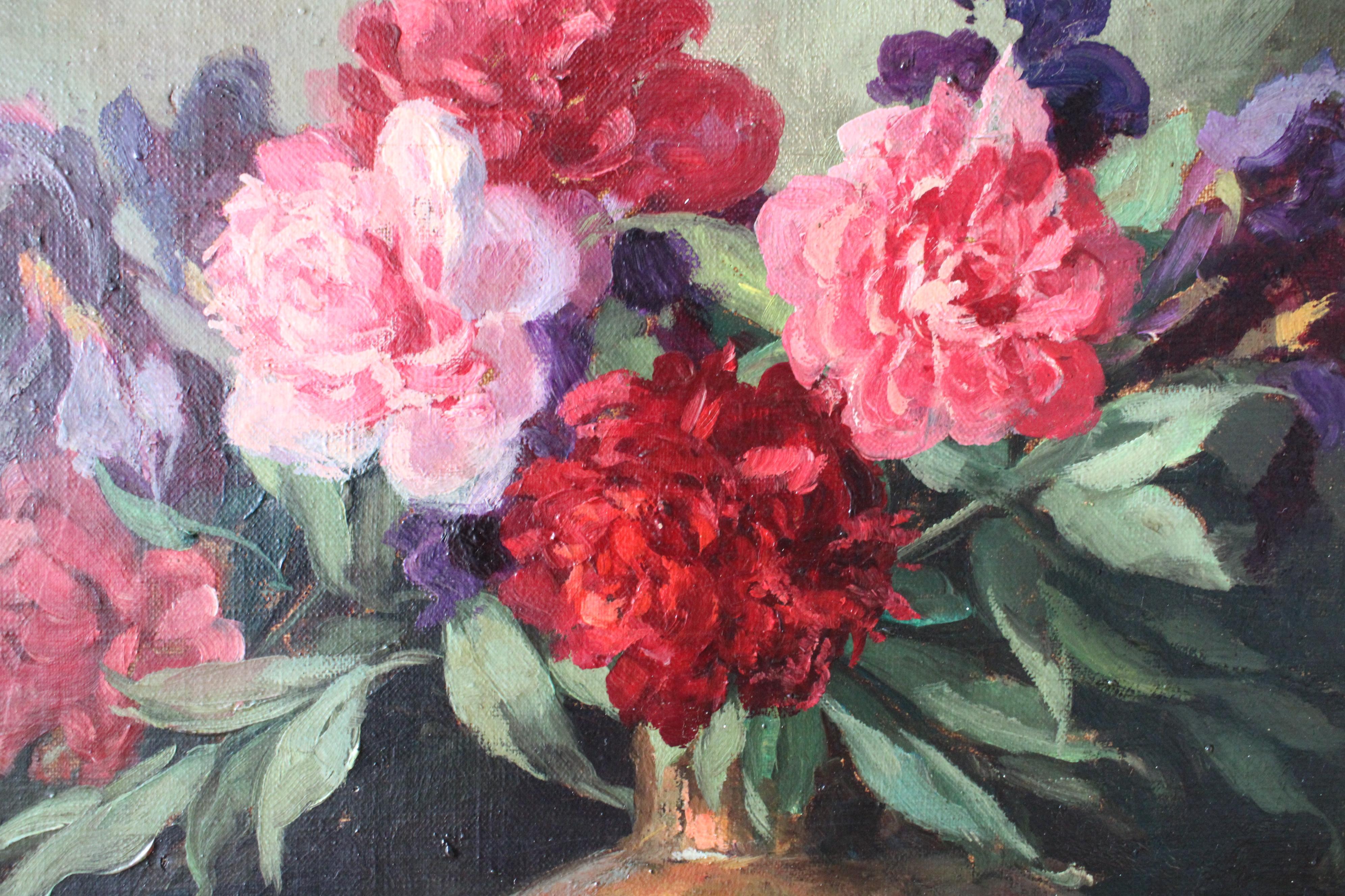 Nature morte à l'huile Roses et Iris encadrée par Victor These - Painting de victor thise