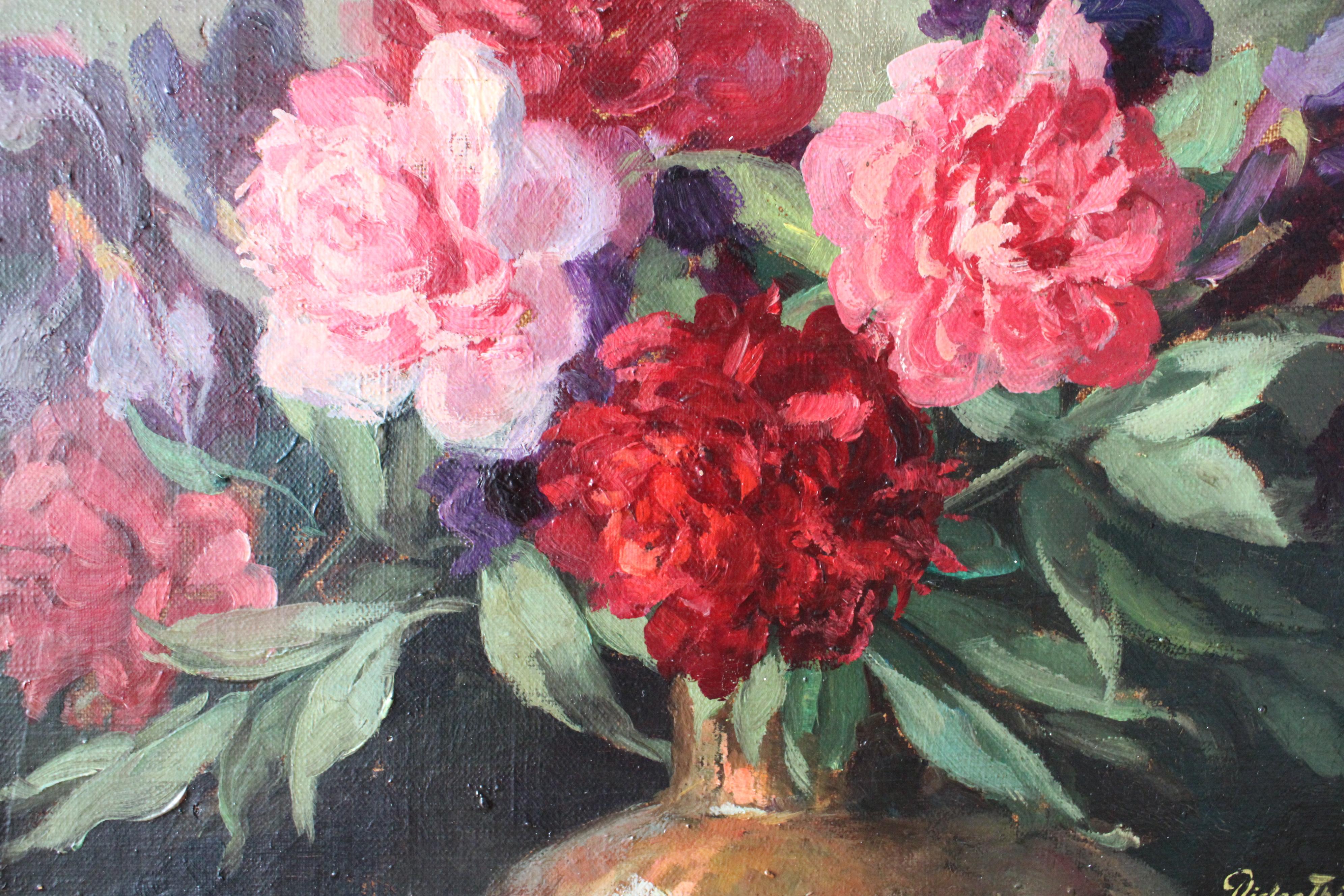 Nature morte à l'huile Roses et Iris encadrée par Victor These - École flamande Painting par victor thise
