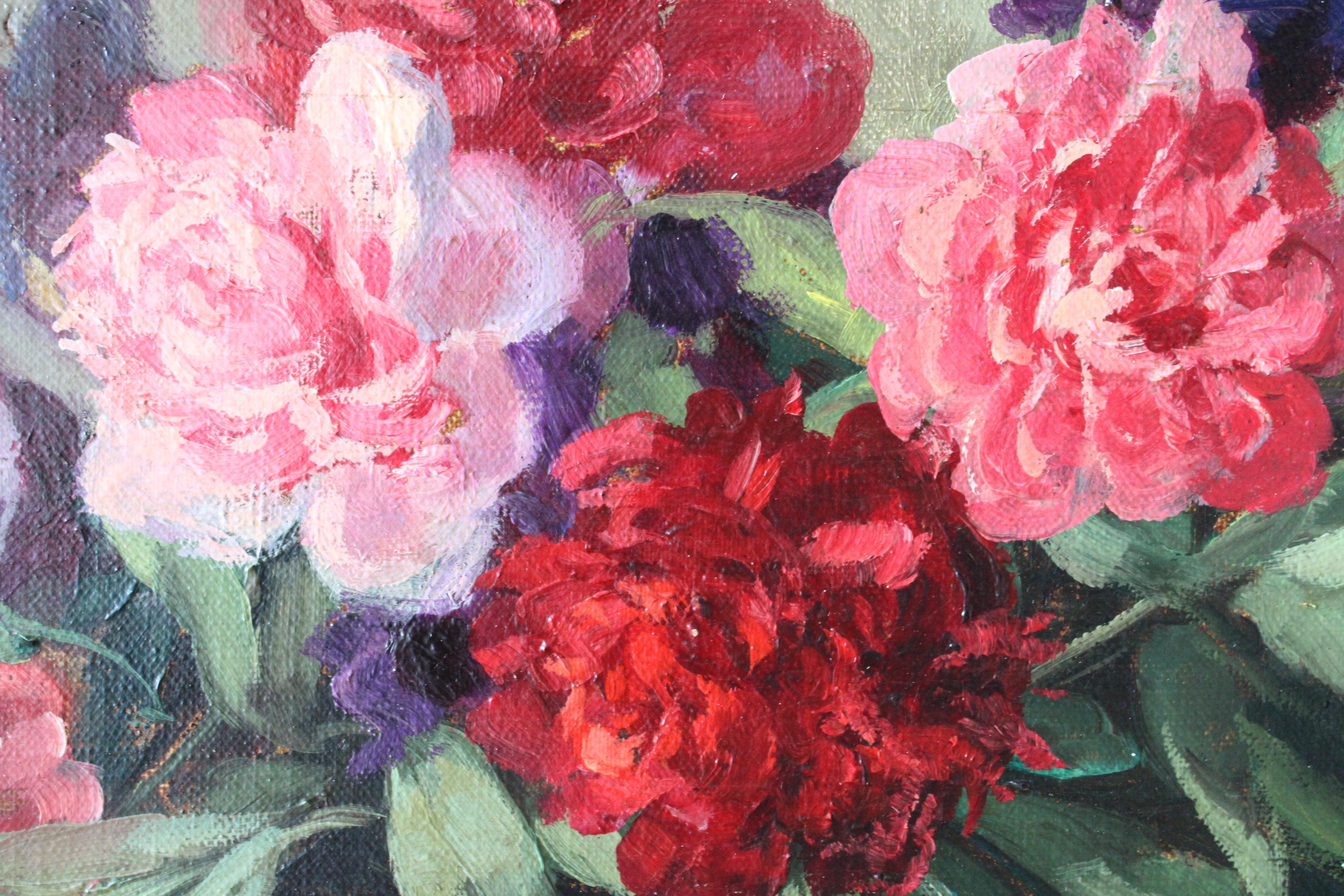 Nature morte à l'huile Roses et Iris encadrée par Victor These - Marron Still-Life Painting par victor thise