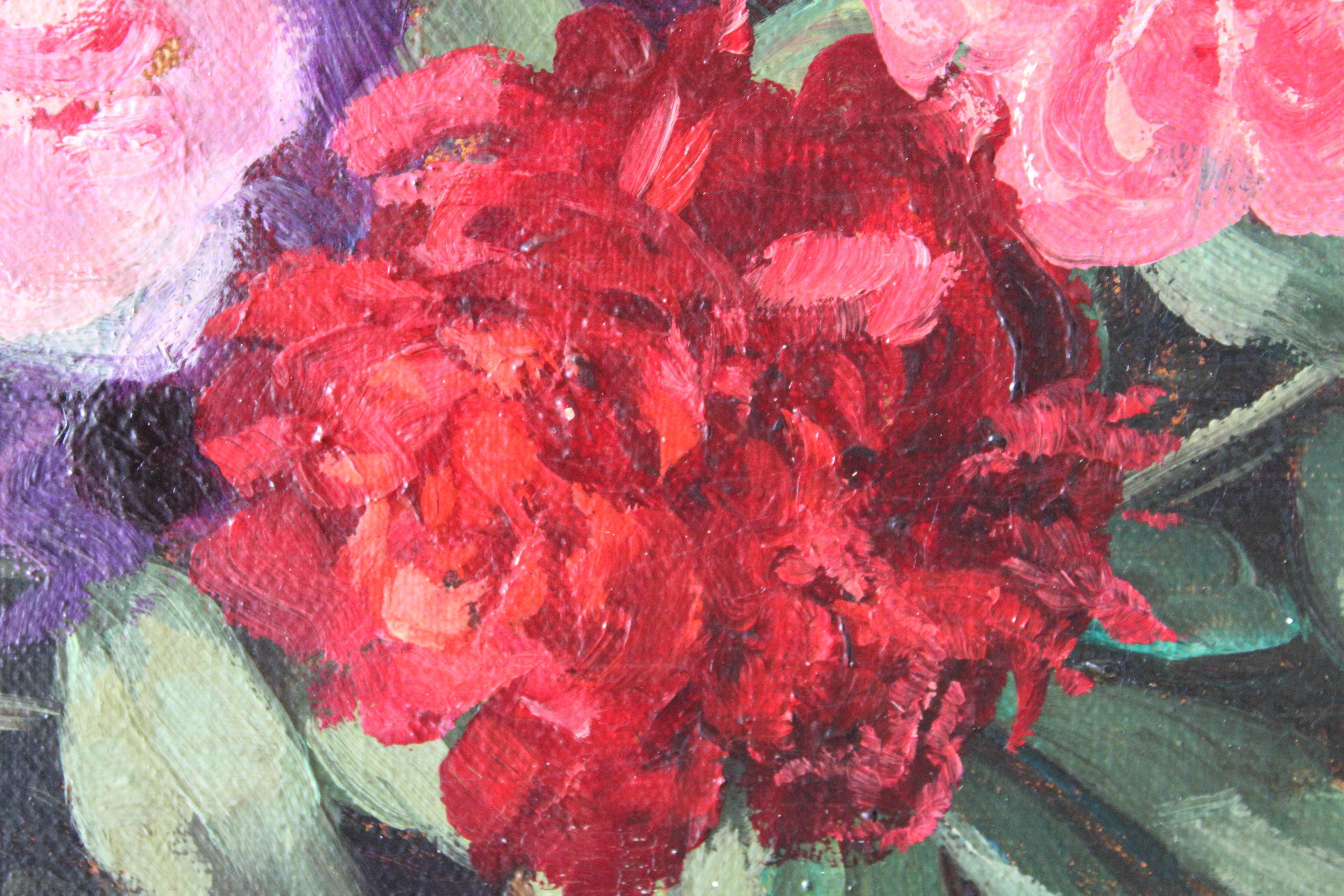 Nature morte à l'huile Roses et Iris encadrée par Victor These en vente 1