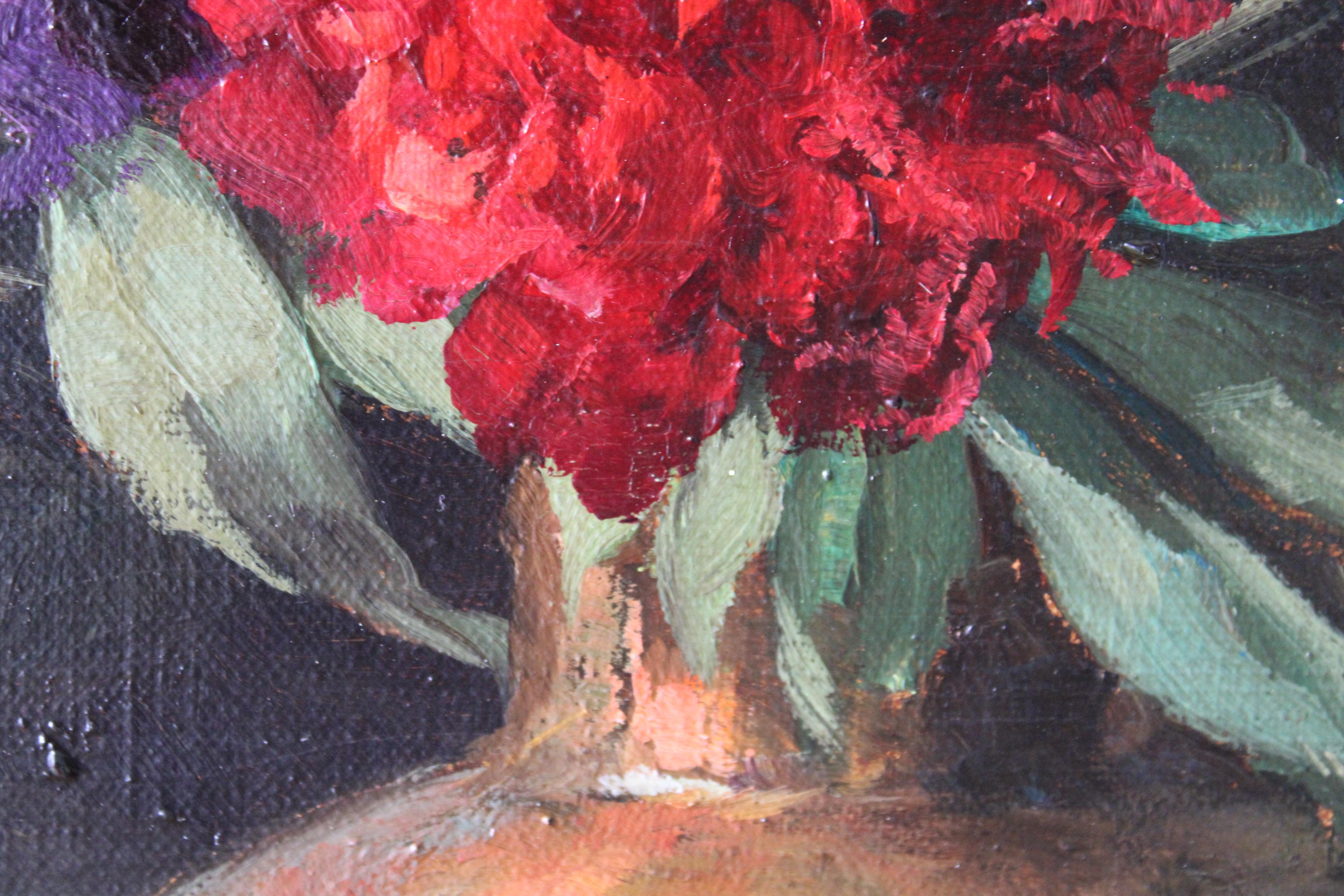 Nature morte à l'huile Roses et Iris encadrée par Victor These en vente 2