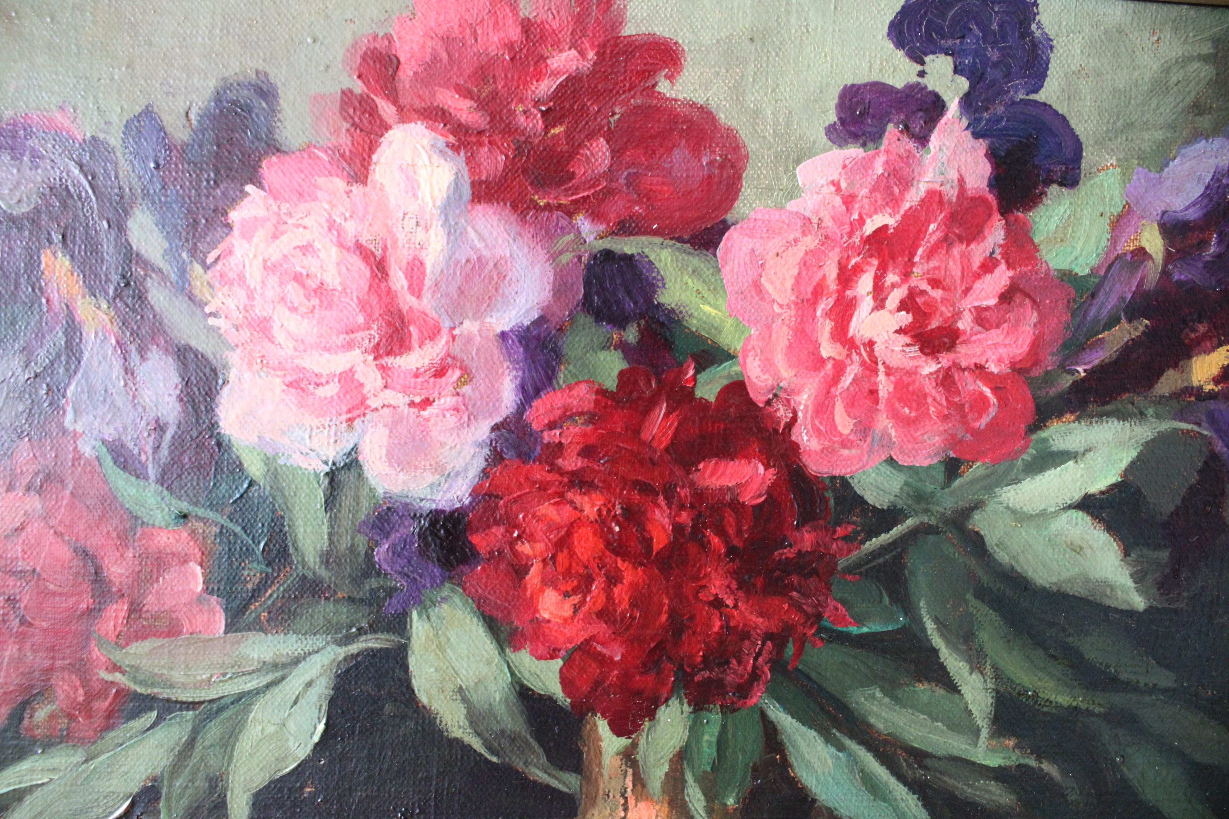 Nature morte à l'huile Roses et Iris encadrée par Victor These en vente 3