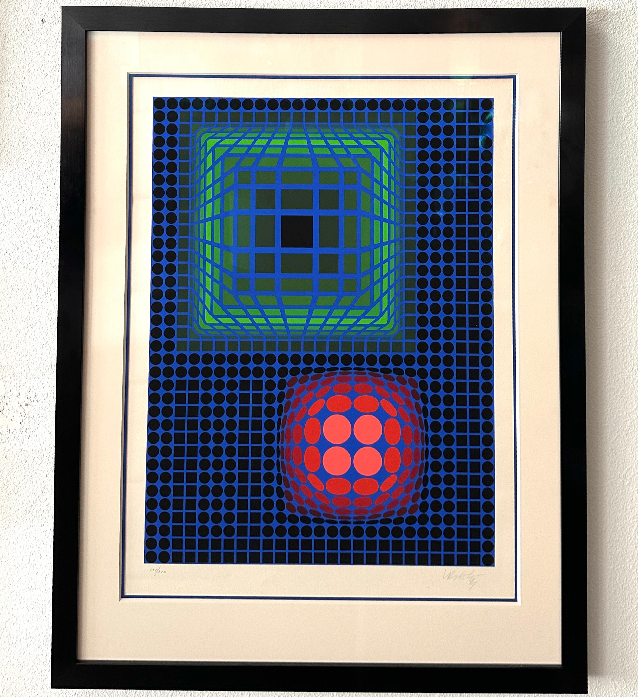 A wonderful beautifully framed screenprint silkscreen by the Pop art master Victor Vasarely. This one is of a sphere and a cube and dates from the 1970’s. It is pencil signed lower right and numbered 195/250.  Vibrant colors that pop off the paper.