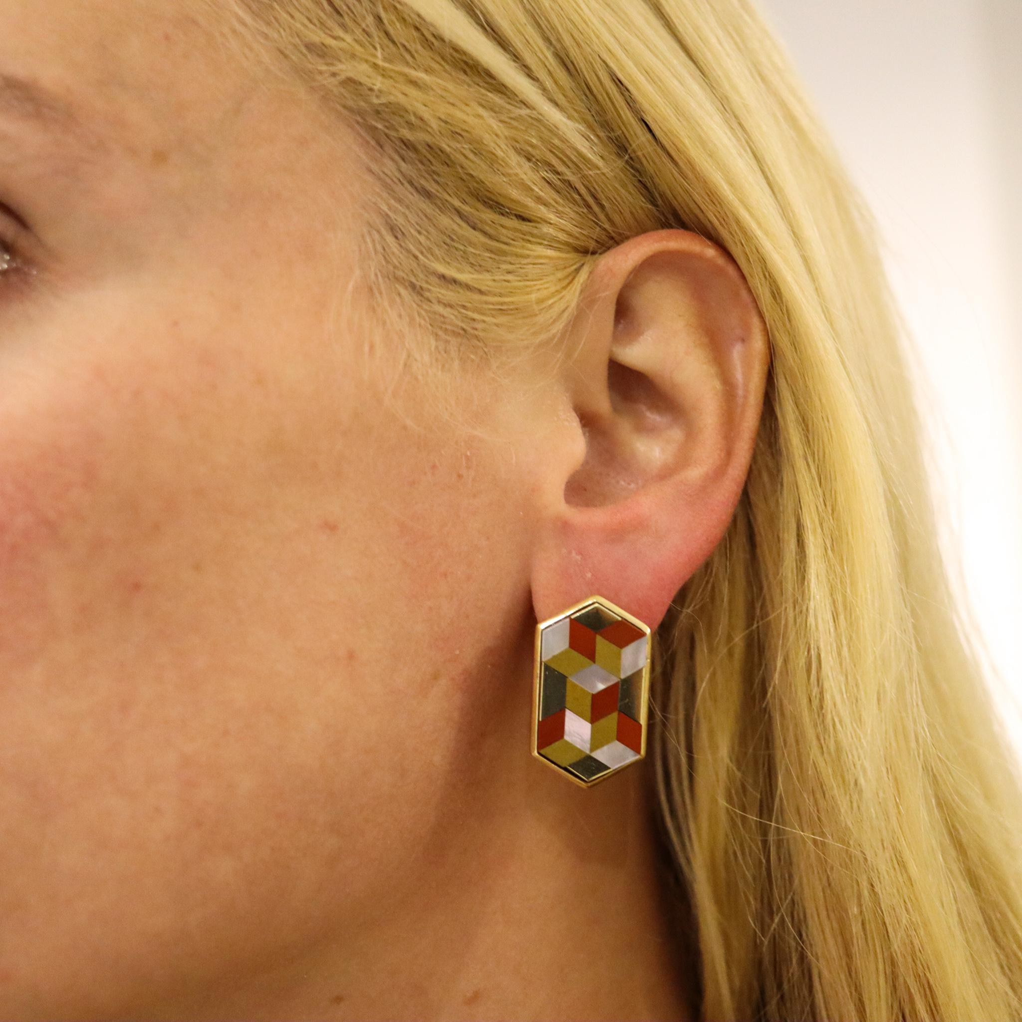 Modernist Victor Vasarely 1985 Op Art Sculptural Geometric Earrings in 14kt Gold with Gems For Sale
