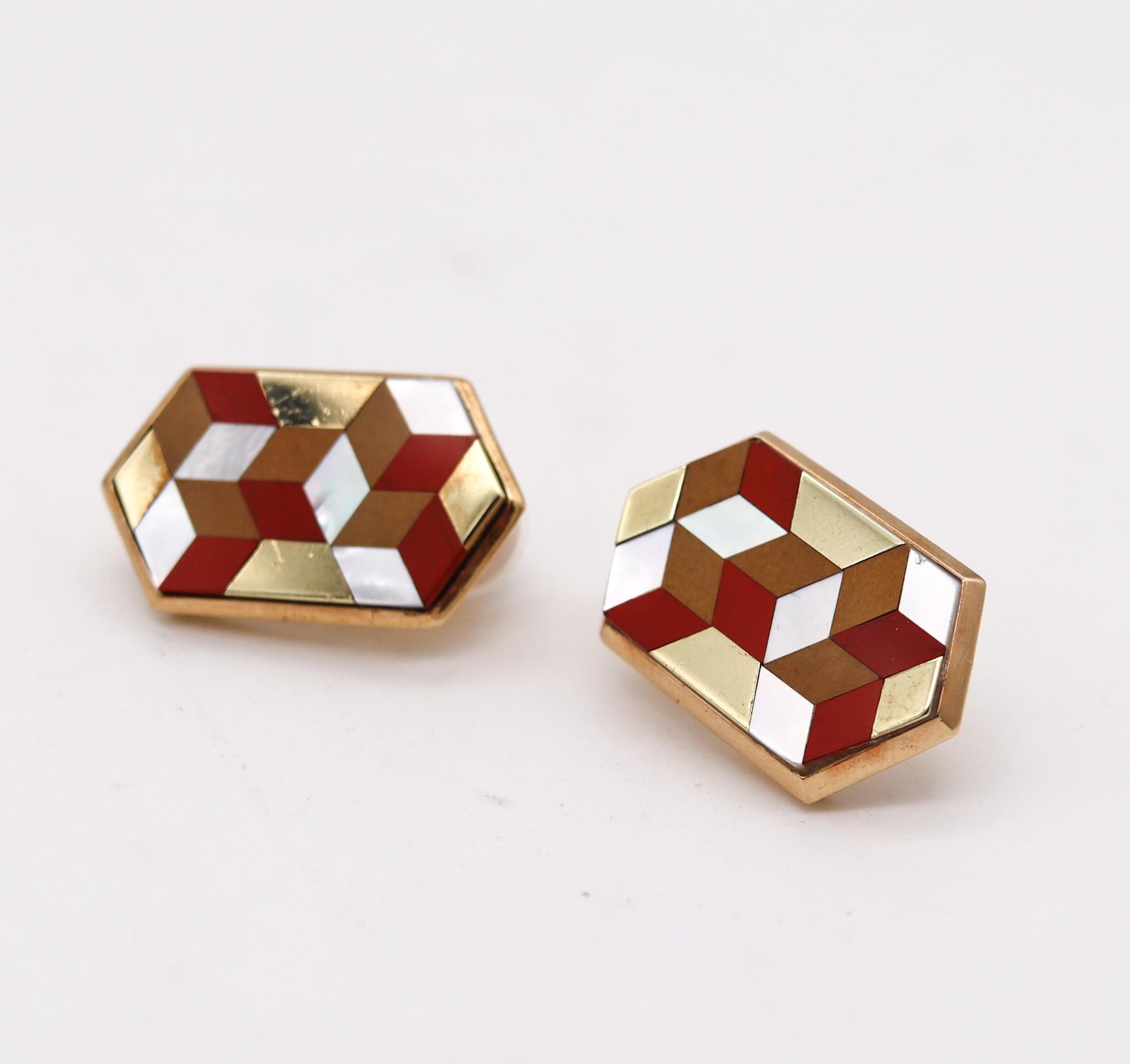 Mixed Cut Victor Vasarely 1985 Op Art Sculptural Geometric Earrings in 14kt Gold with Gems For Sale