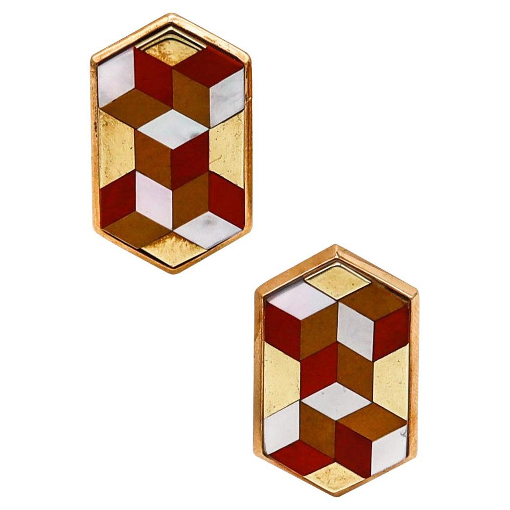 Victor Vasarely 1985 Op Art Sculptural Geometric Earrings in 14kt Gold with Gems For Sale