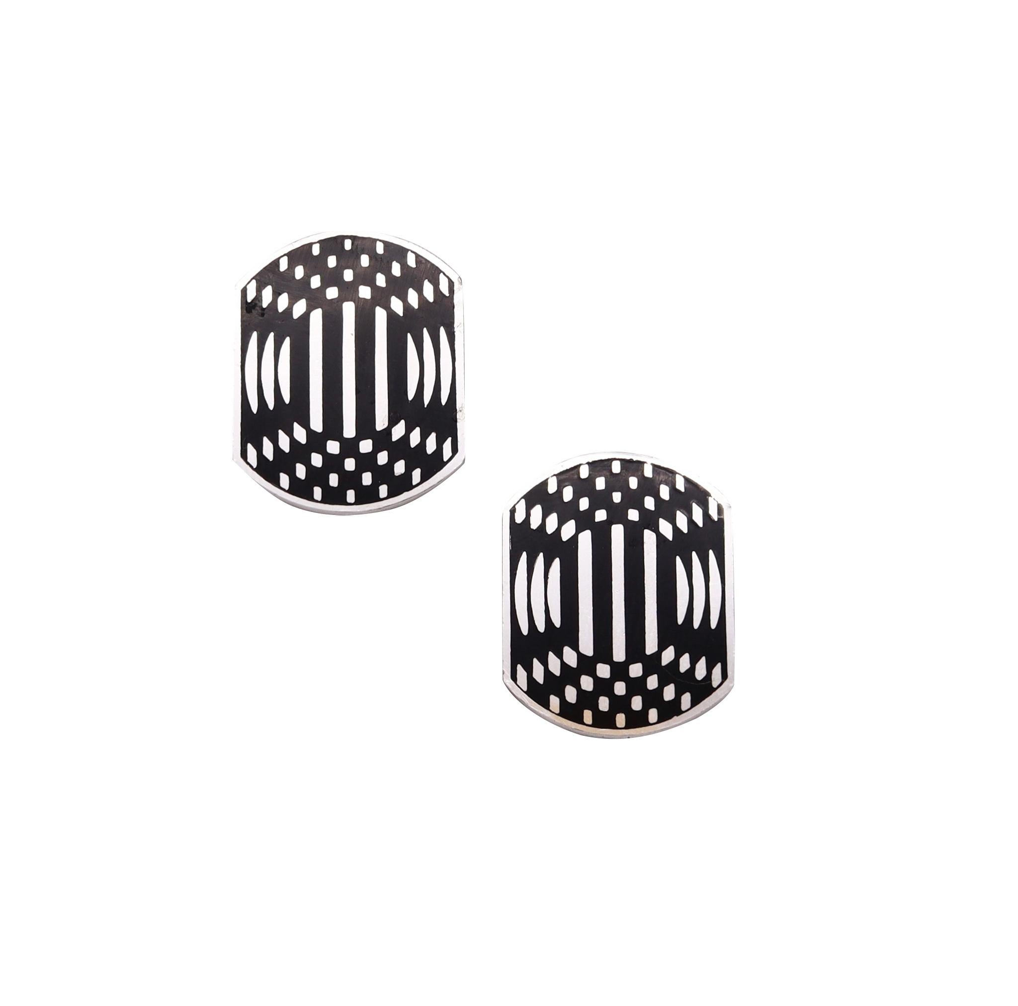 Modernist Victor Vasarely 1985 Op-Art Sculptural Geometric Earrings Sterling Black Enamel For Sale