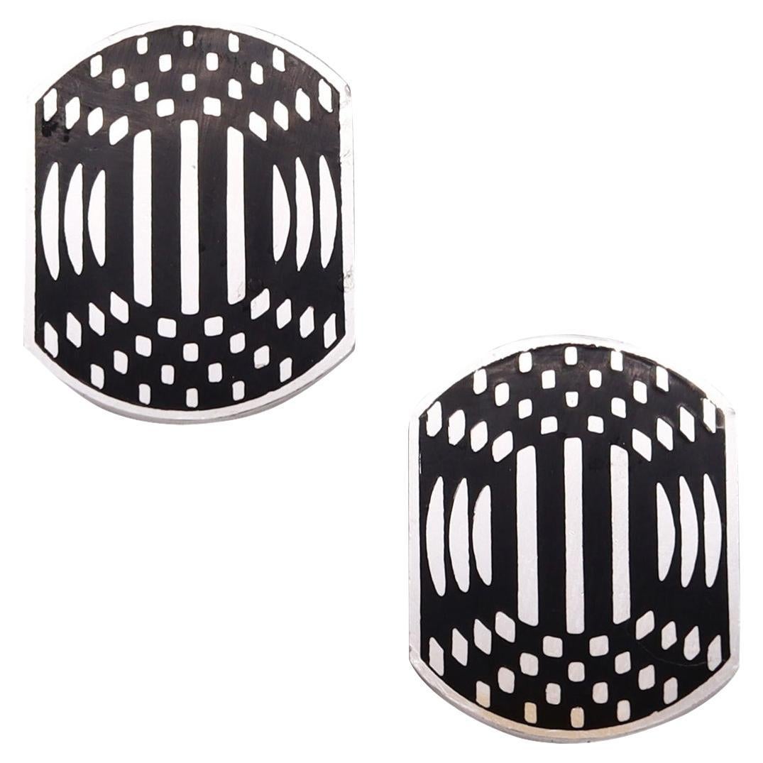 Victor Vasarely 1985 Op-Art Sculptural Geometric Earrings Sterling Black Enamel