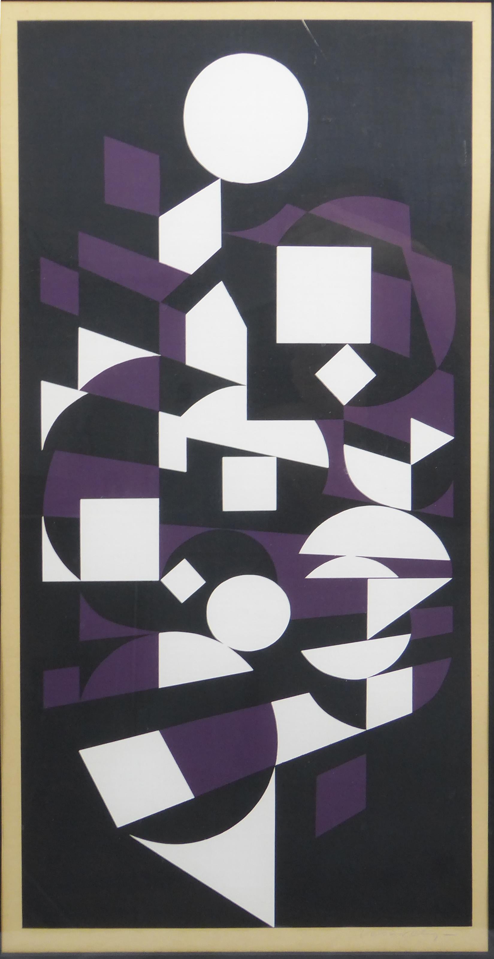 Handsome 1970s Victor Vasarely black, white and purple Cubist lithograph. Signed on the back. Vasarely was a prolific Hungarian/French Op Artist.