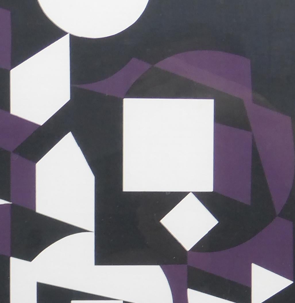 Mid-Century Modern Victor Vasarely Black, White and Purple Cubist Lithograph For Sale