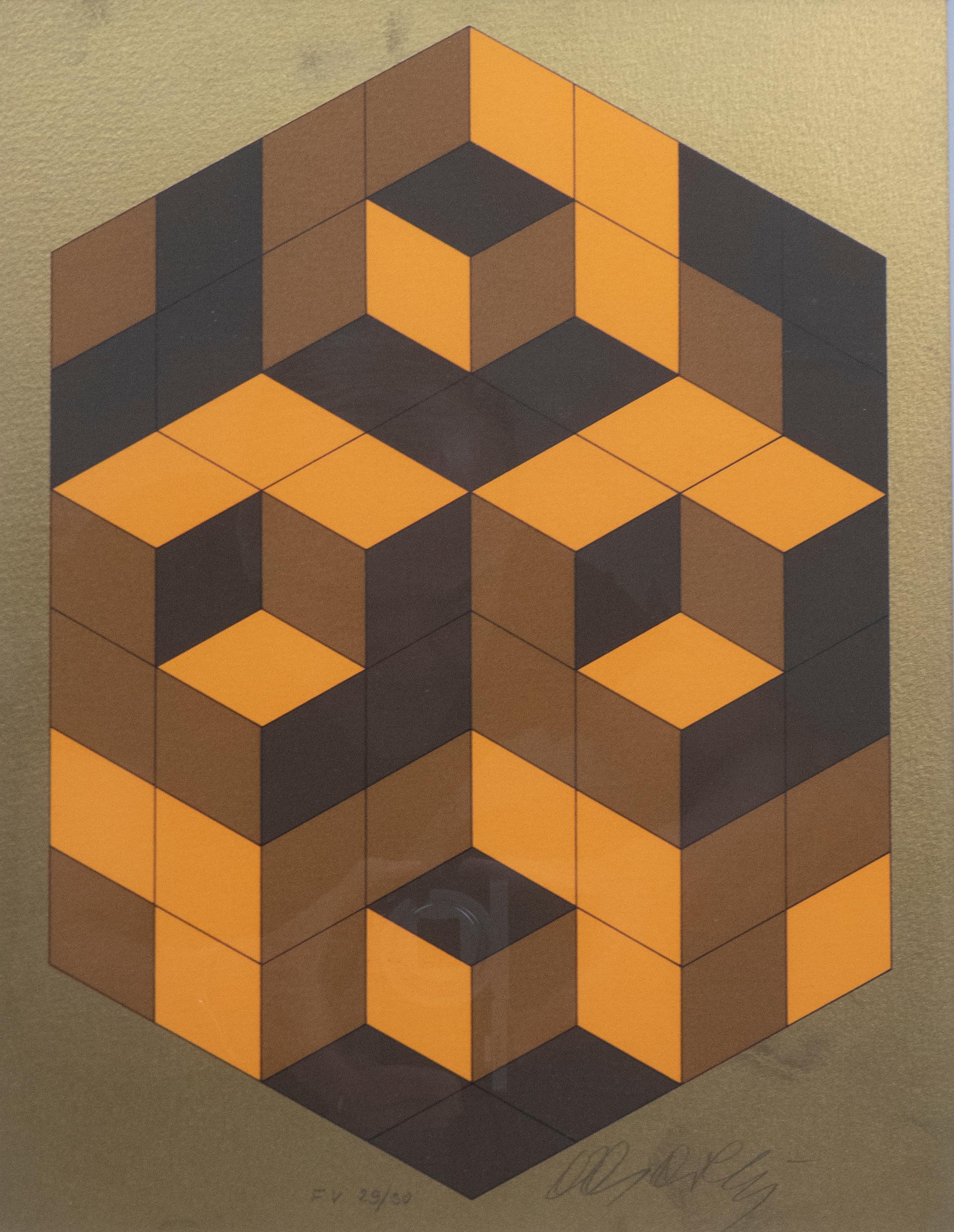 Signed cubist lithograph by Hungarian/French Op Art artist Victor Vasarely.