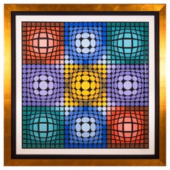 Victor Vasarely Dyevat Blue Signed Op Art Modern Serigraph 68/300 Framed 1987