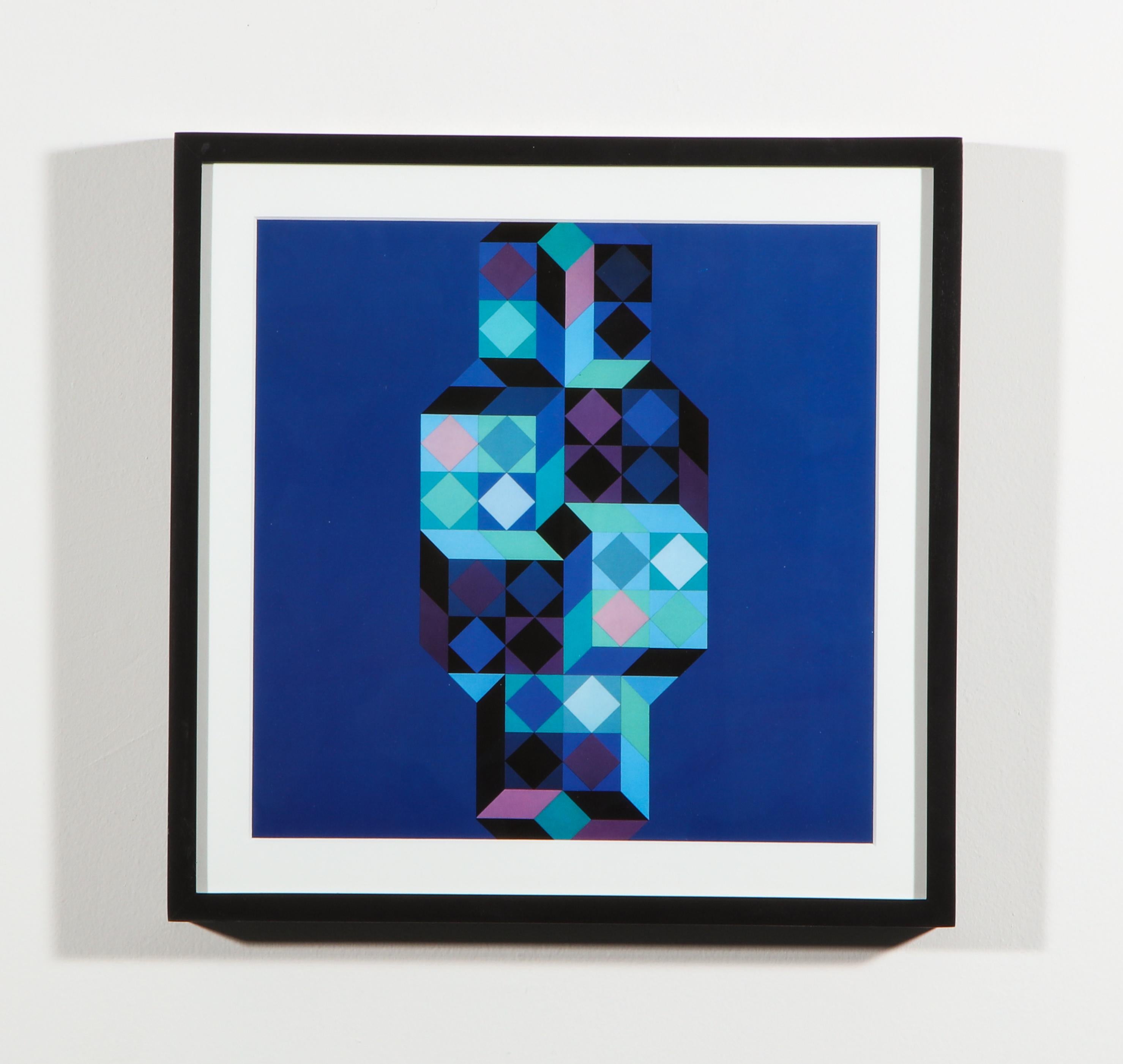 Vasarely a travaillé sur une série majeure, la série Gestalt, qui recoupe la fascination de Vasarely pour l'hexagone. Il s'agit de tirages individuels d'une série imprimée en Suisse en 1971 que nous avons fait encadrer.