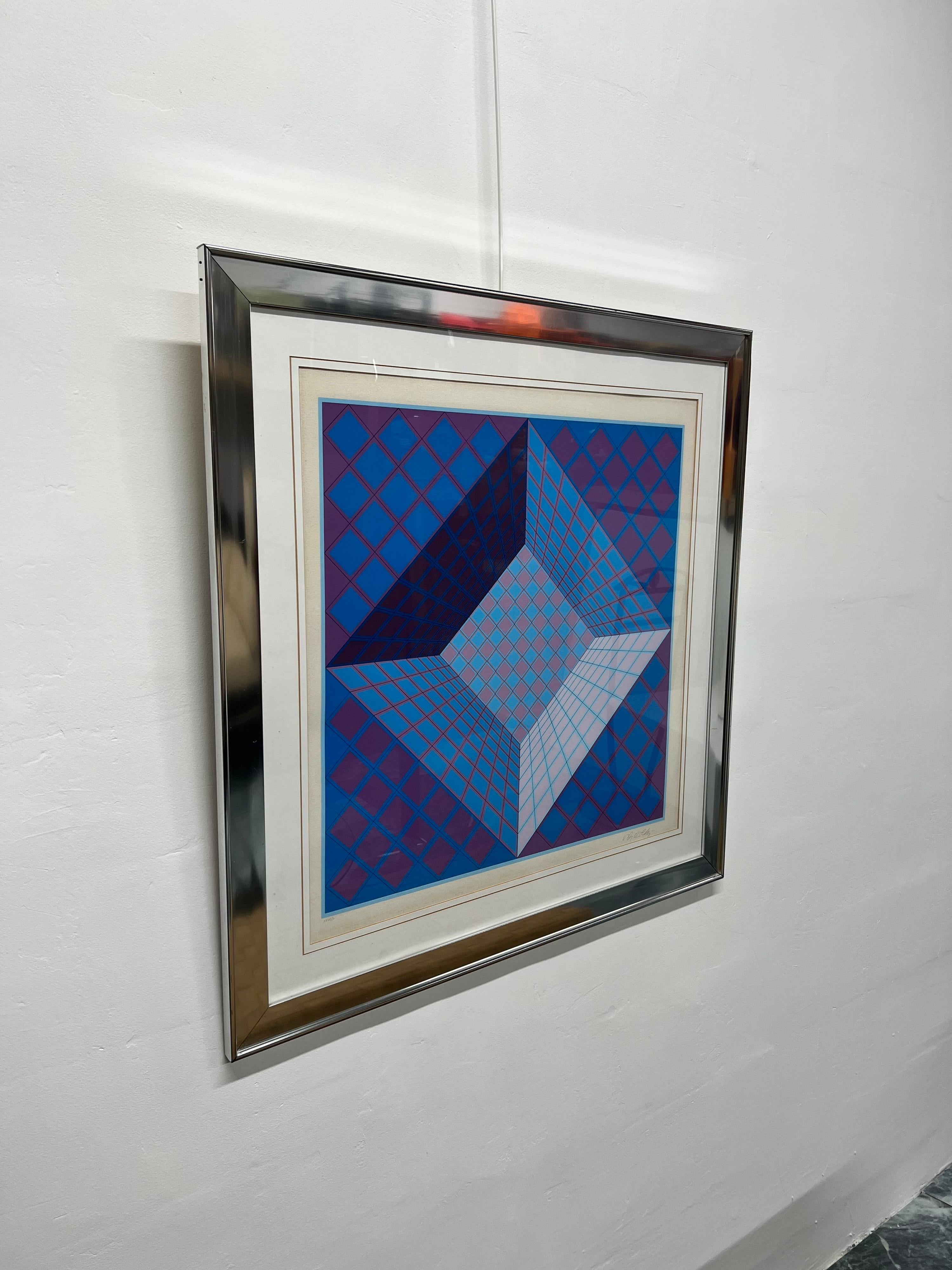 Victor Vasarely (French-Hungarian 1908 - 1997) lithograph on paper, optical art illusion with cubes. The work is signed and numbered in pencil and maintains original aluminum frame. This particular work depicts an optical illusion with geometric