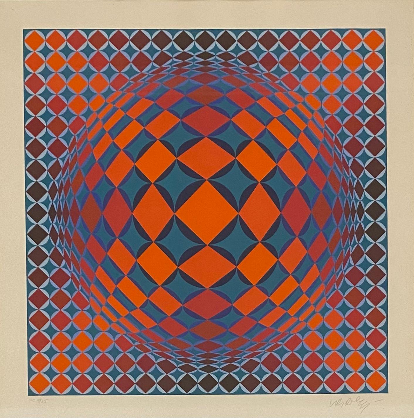 Artist: Victor Vasarely

Medium: Lithograph
Movement/Style: Modern
Signed and Numbered : 9/25

This Victor Vasarely lithograph is in very good vintage condition. The art is vibrant and without damage. It looks to have its original mat and framing