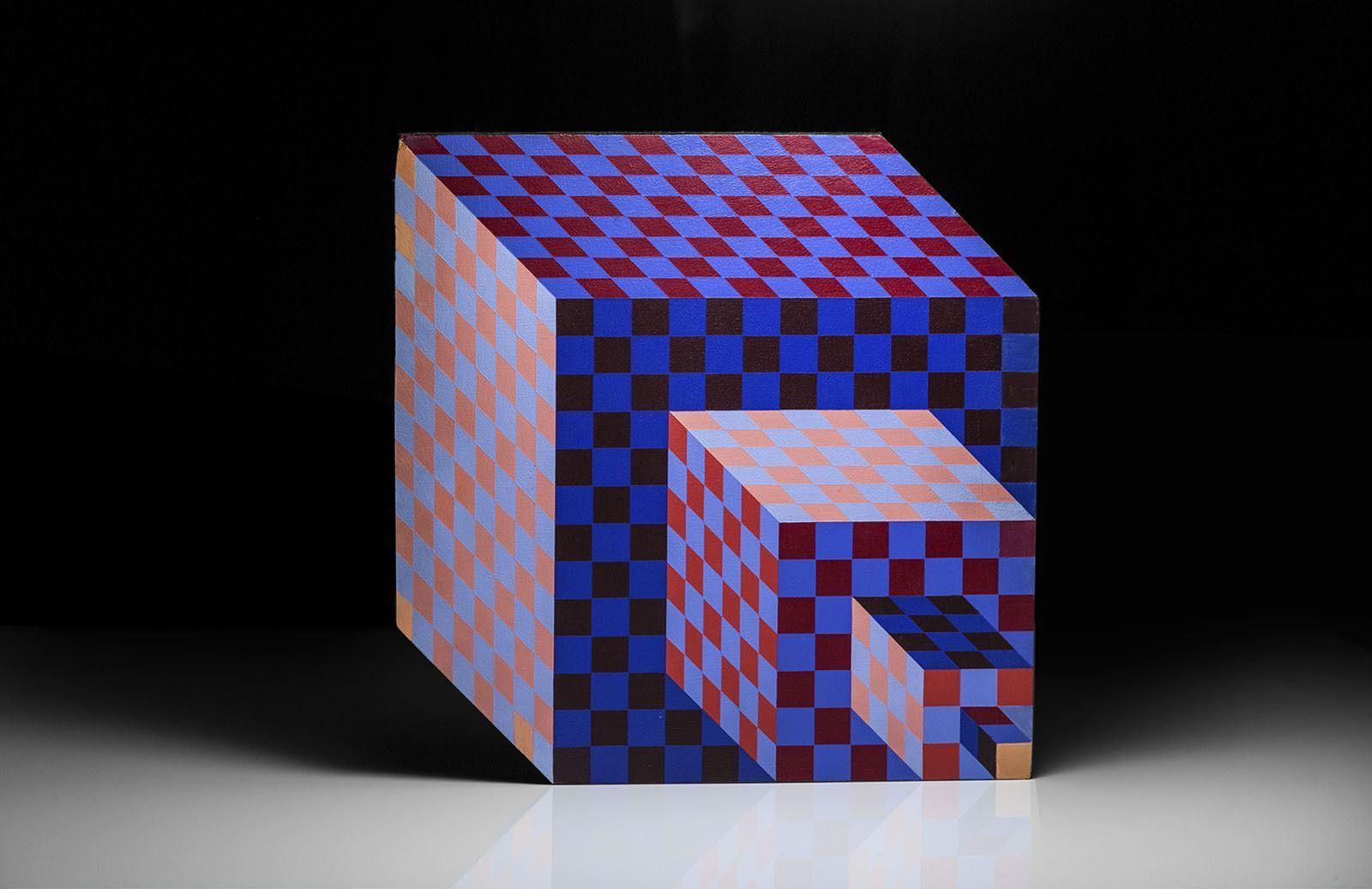 Artist:Victor Vasarely
Title: Felhoe 
Medium: Sculpture Hand Painted on Wood
Size: 15.7' x 15.4' 
Edition Size: 19/100

Year: 1989
Condition: Perfect museum quality condition with minor handling blemishes along the resting area.  Listed as best