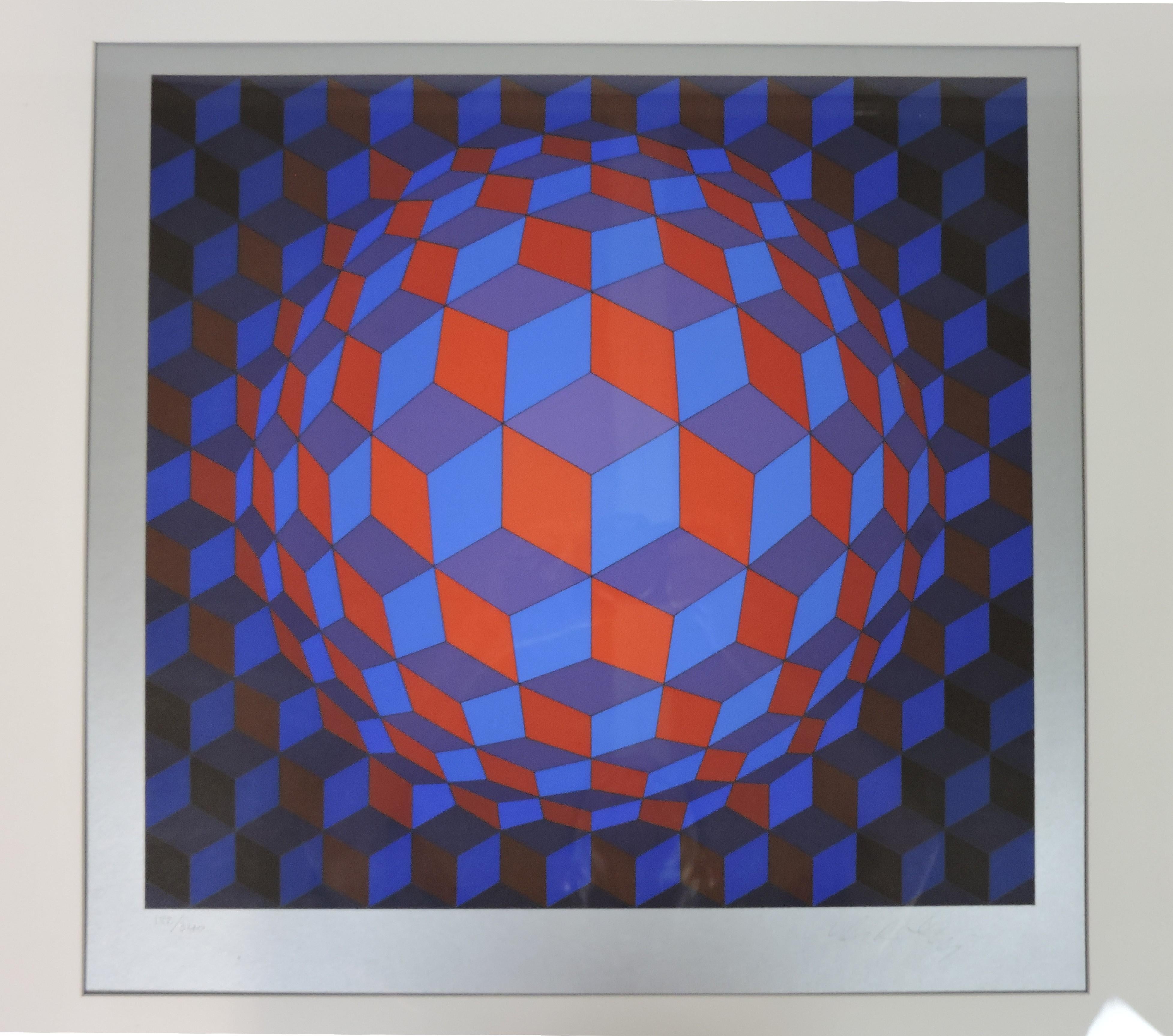 Very cool original Op Art screenprint by Victor Vasarely. Signed in the lower right hand corner, numbered 182/340 in the lower left. This has the original wood frame and matting. Frame size is 29 3/8 inches wide by 29 5/8 inches high. The image size