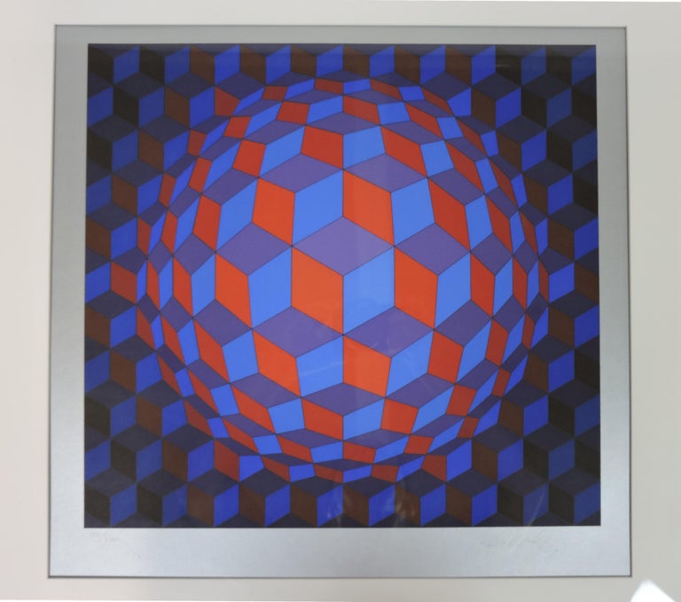 Victor Vasarely Op Art Blue Red Sphere Signed Art Print, 182/340 For Sale  at 1stDibs