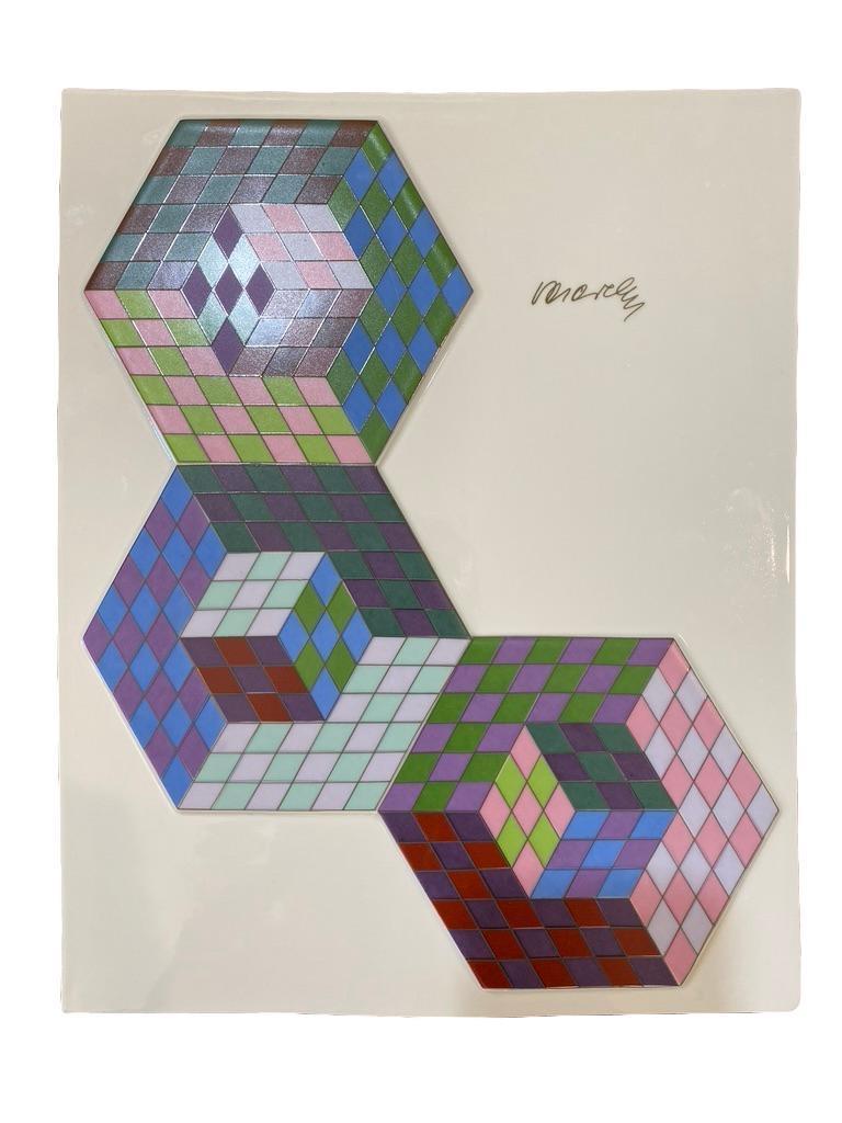 Very nice plaque for the well known artist Victor Vasarely, plaque signed in front and marked in back as shown. Zsolnay and has a dedication in back as well. Plaque alone measures approximate 12.75 x 10.5. inches.