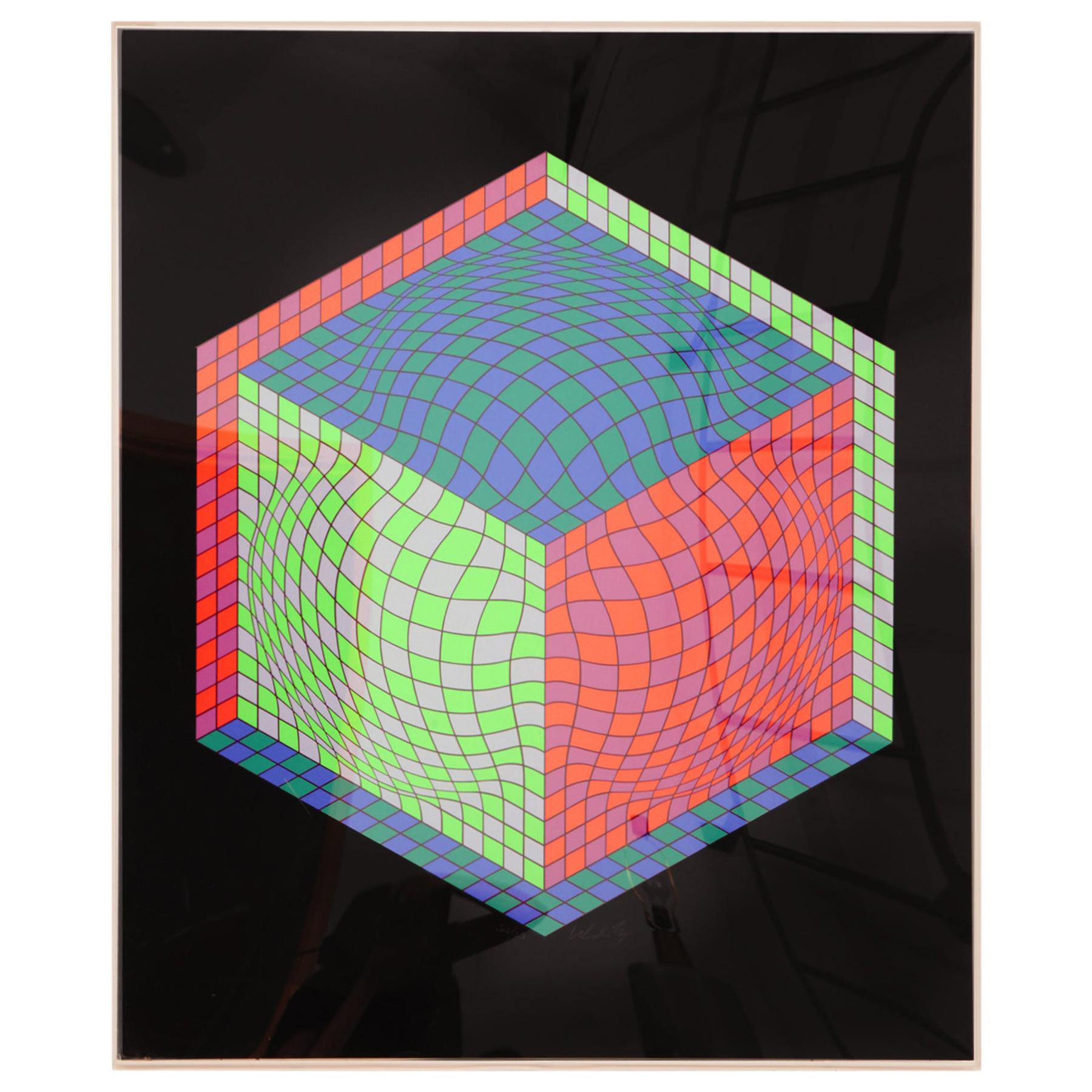 Victor Vasarely 1970s Op Art Cube Signed Serigraph