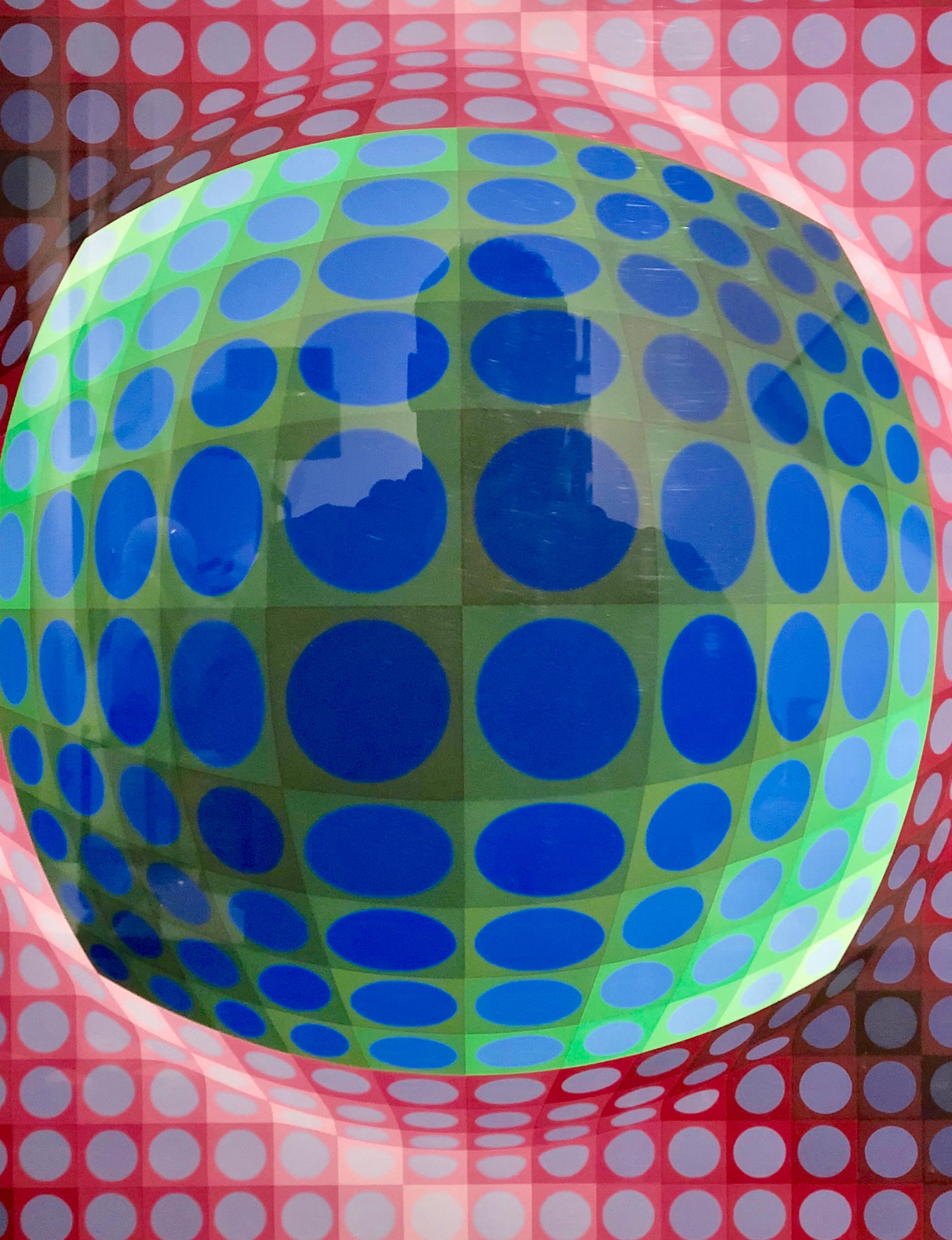 Great example of Vasarely's Vega series optical illusion print technique. Signed and numbered on the front 128/250. Nice original aluminum frame with plexiglass.