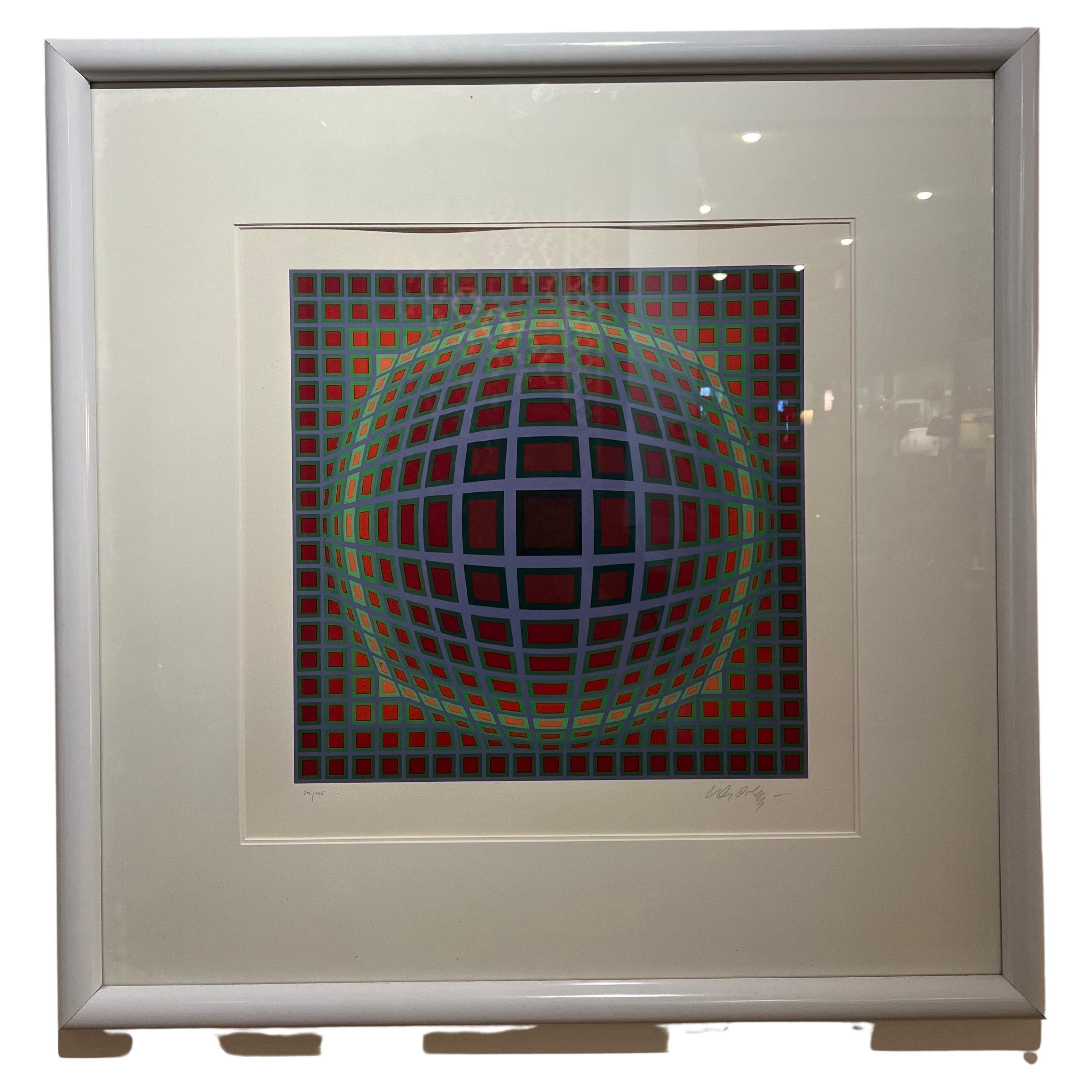 Great example of Vasarely's Vega series optical illusion print technique. Signed and numbered on the front 295/300. Nice original white mate frame with glass.