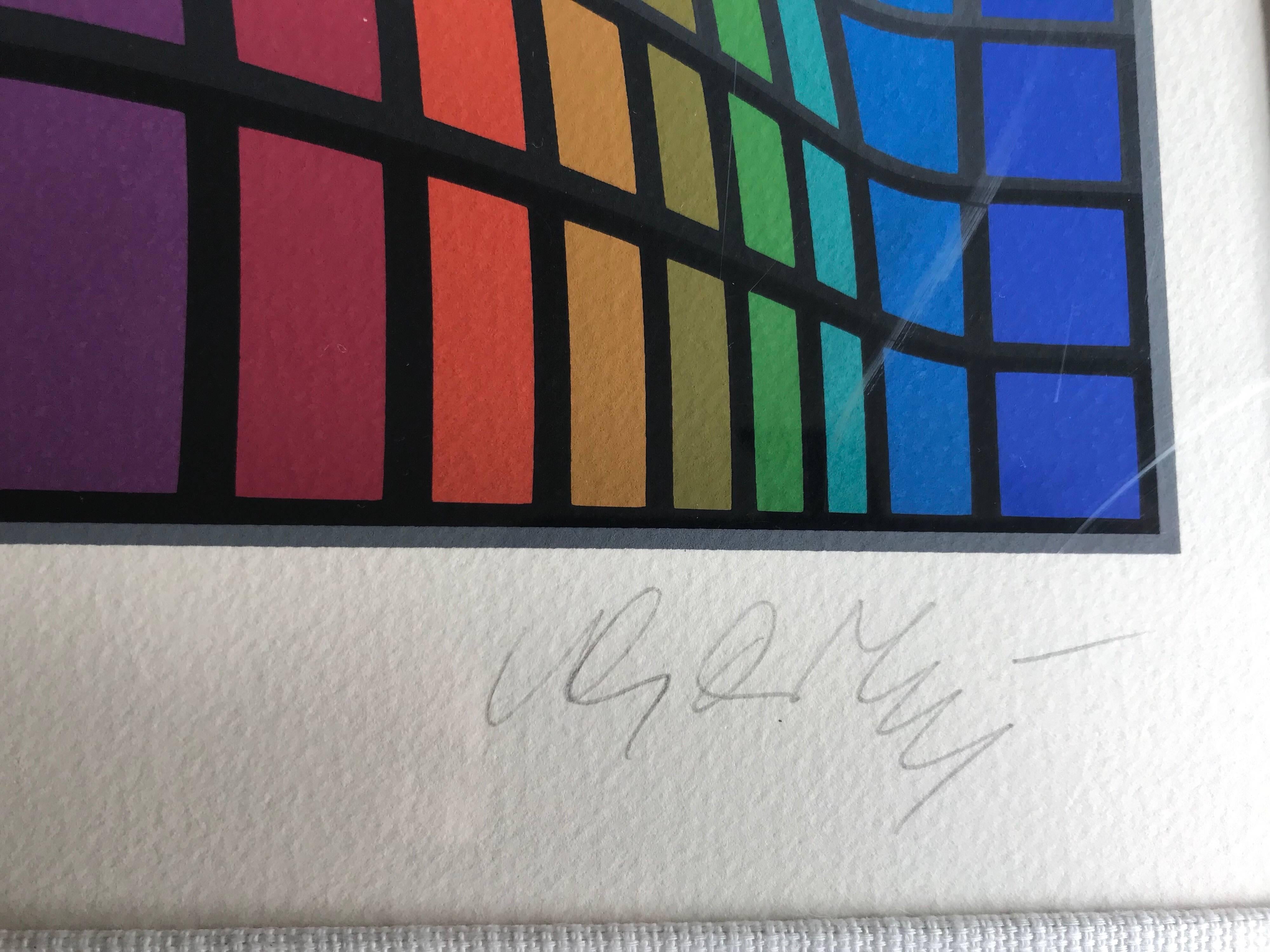 1906-1997
A fun modernist design.
Number 5 of 250.
Signed in pencil.
Ink on paper in the original aluminium frame under plexiglass with linen mat.
The plexiglass has a few scratches.
The print itself is in great condition, colors are still