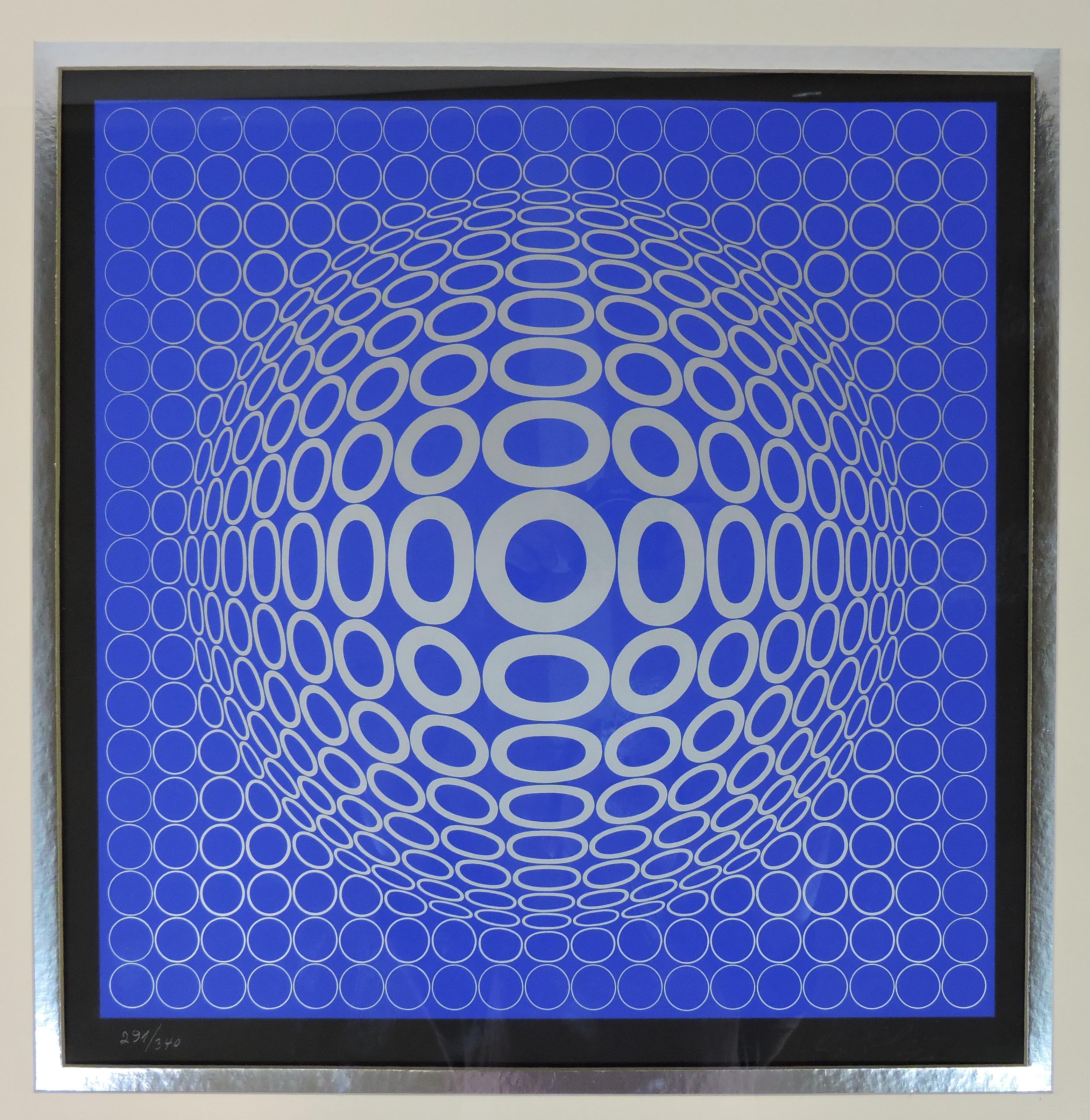 Very cool original Op Art blue and silver screenprint, TUZ, by Victor Vasarely from 1974. Signed in the lower right hand corner, numbered 291/340 in the lower left. This has the original silver metal frame and matting and was printed in Germany as