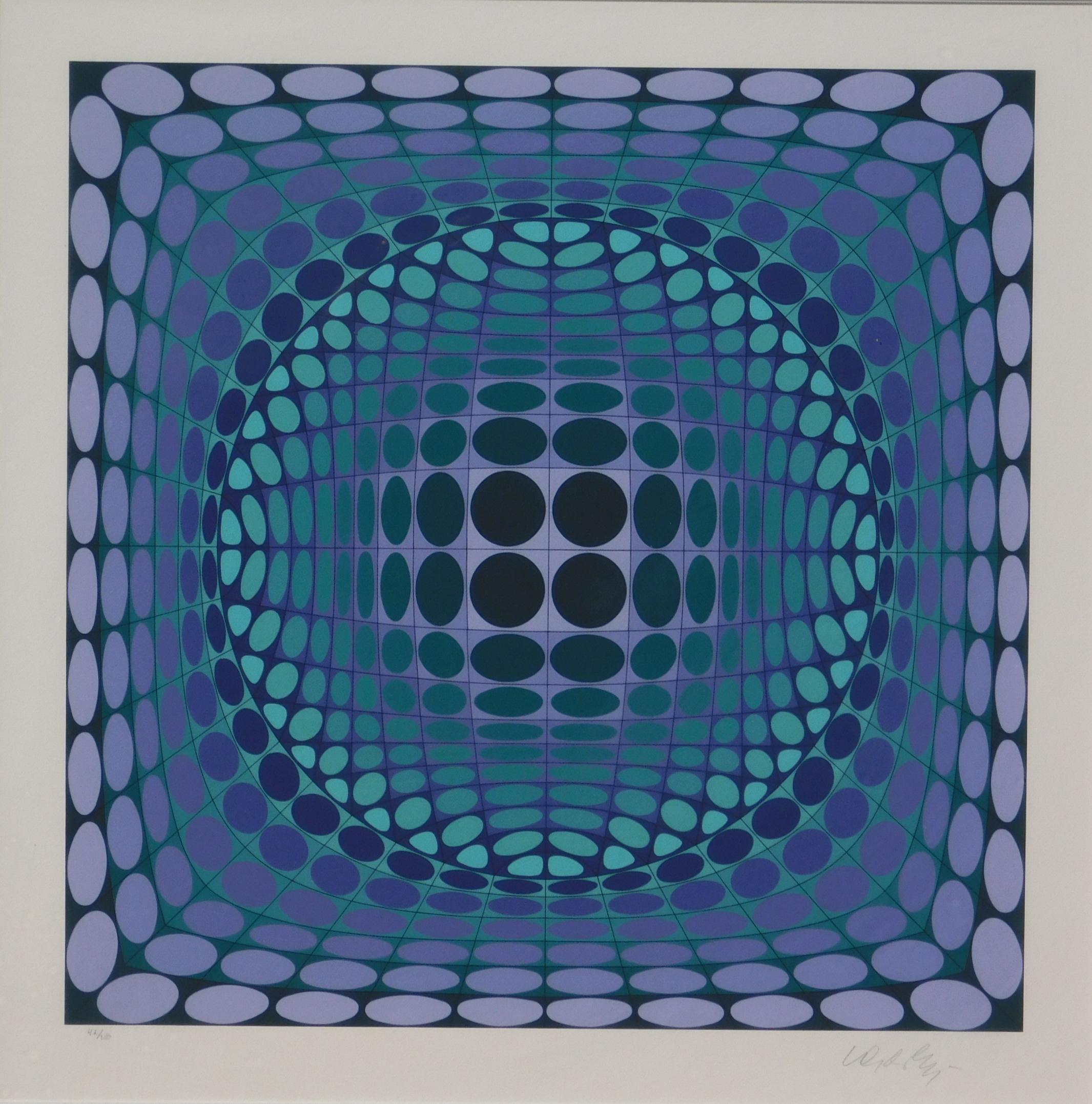 Striking Geometric design by Victor Vasarely (1906-1997) titled “Uran.”
Original Screenprint in color hand signed by the artist lower right. 
Edition size is seen in pencil lower left: 42/250. Archivally framed and in excellent condition.
Image