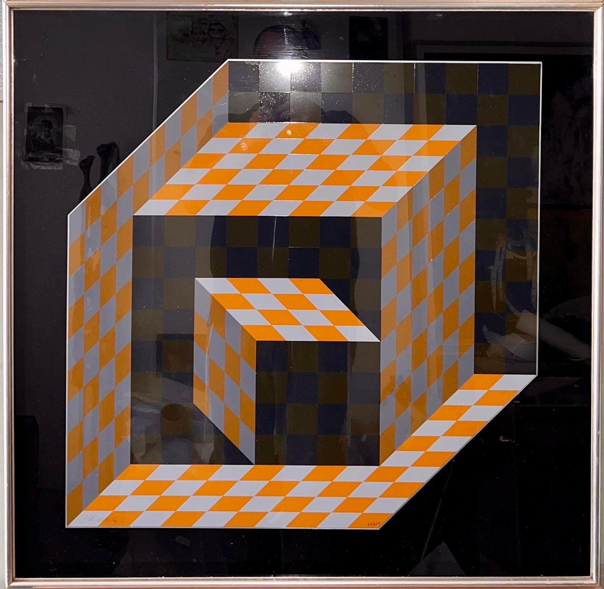 1970's Emaille Metall Vasarely Siebdruck Axo Kinetische Op Art Skulptur im Angebot 2