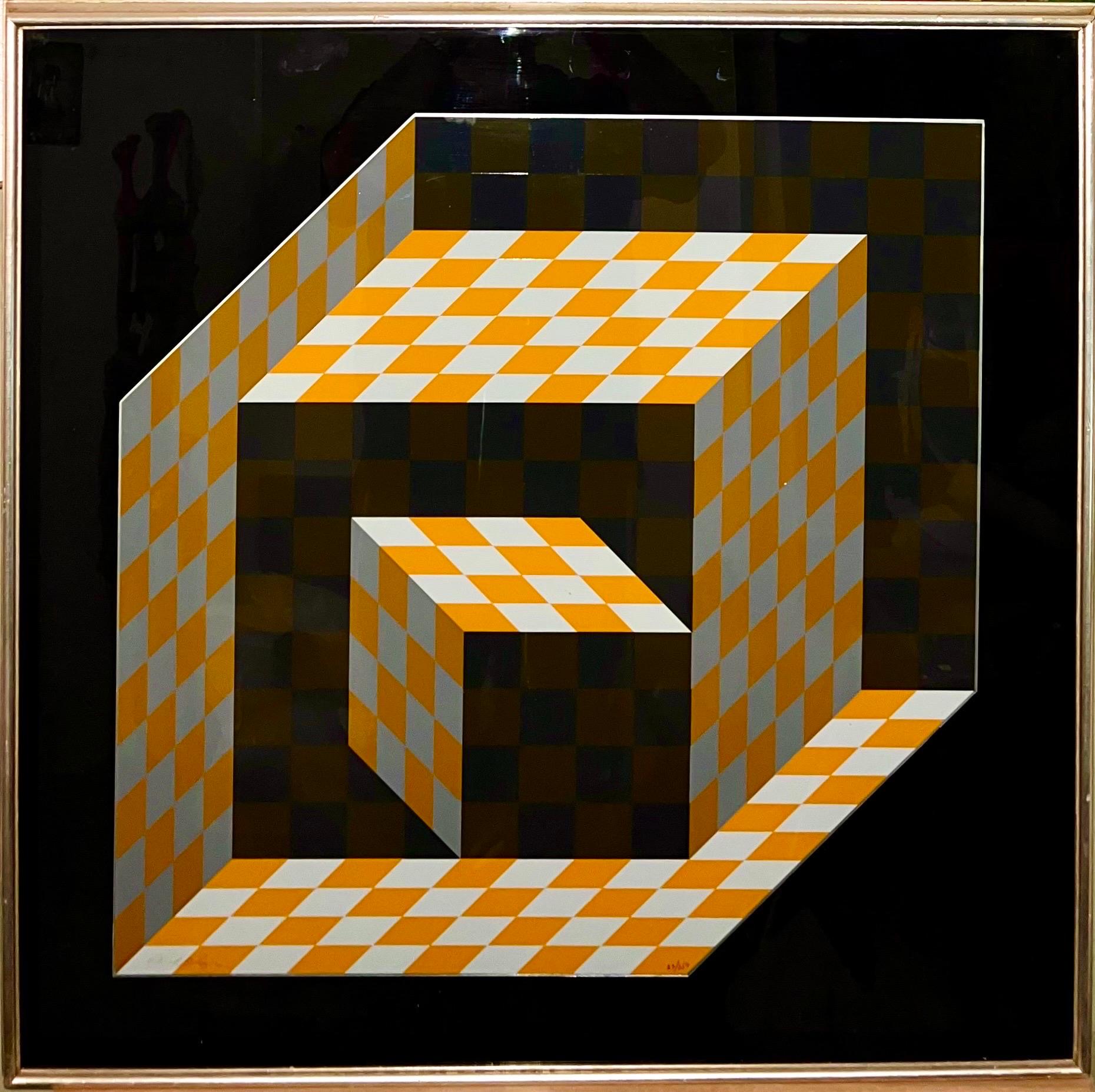 1970's Emaille Metall Vasarely Siebdruck Axo Kinetische Op Art Skulptur im Angebot 3