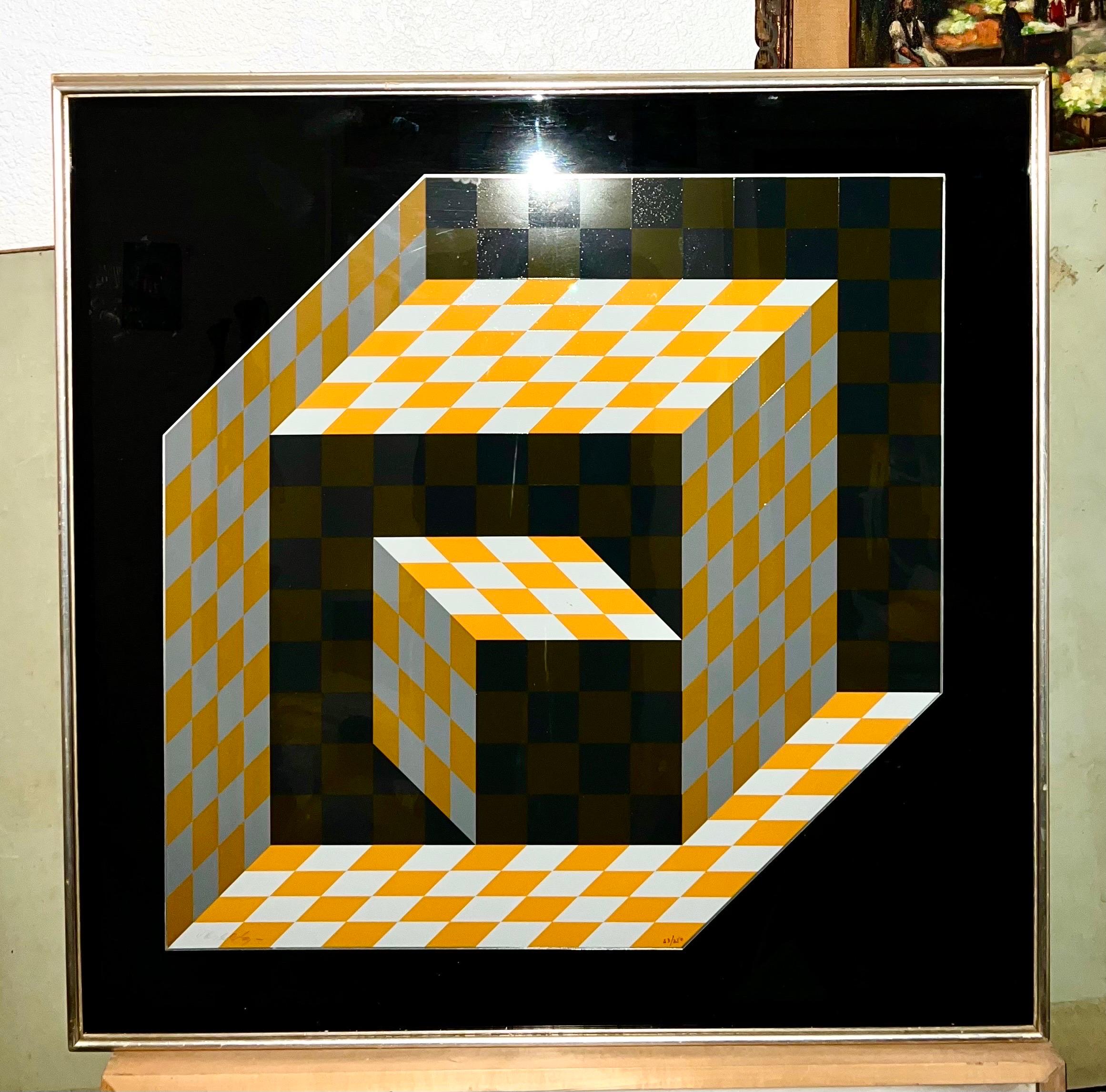 1970's Emaille Metall Vasarely Siebdruck Axo Kinetische Op Art Skulptur im Angebot 4