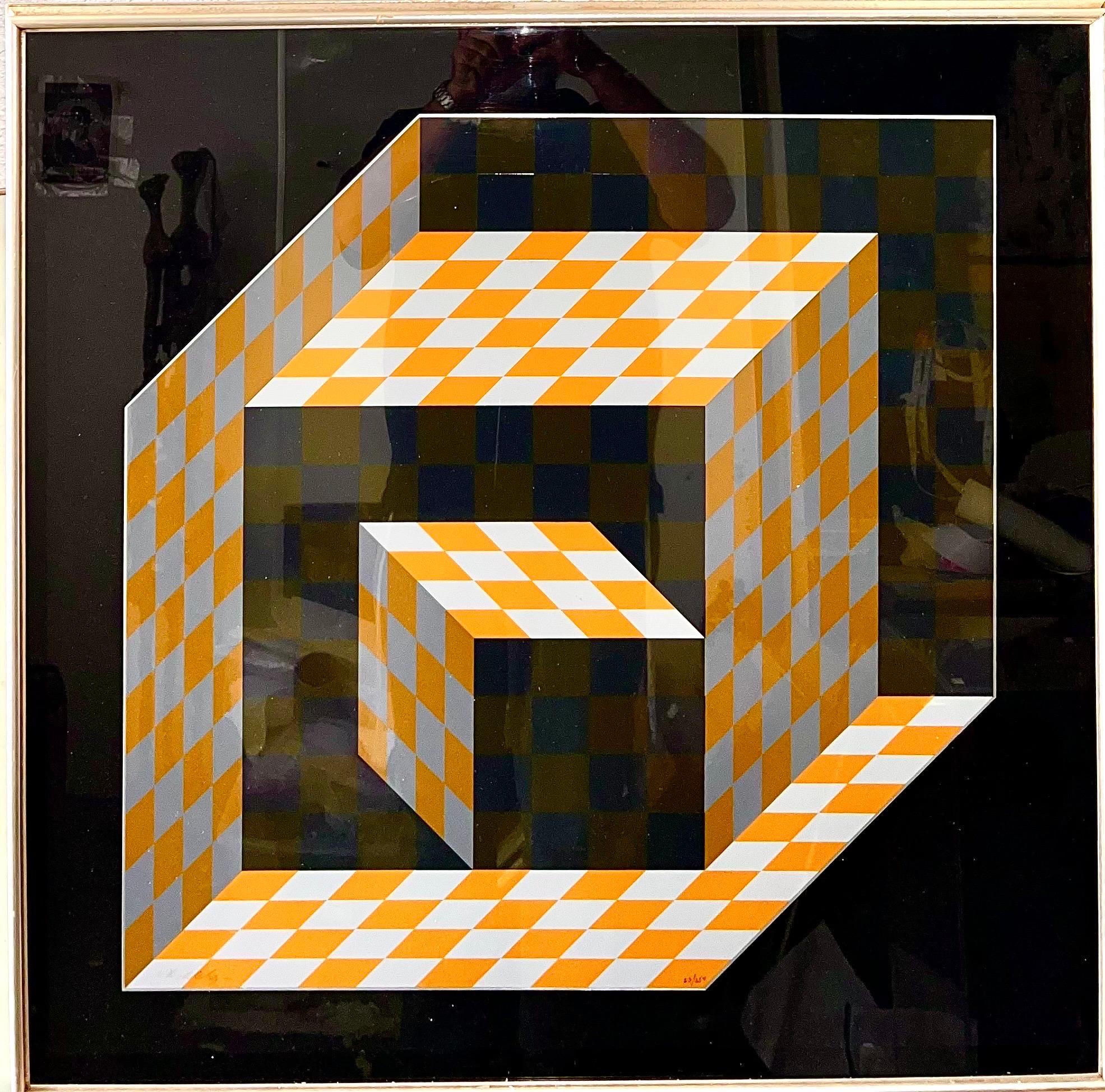1970's Enamel Metal Vasarely Silkscreen Screenprint Axo Kinetic Op Art Sculpture