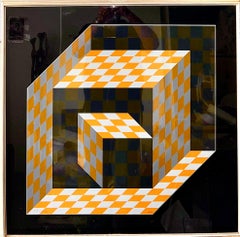 1970's Enamel Metal Vasarely Silkscreen Screenprint Axo Kinetic Op Art Sculpture