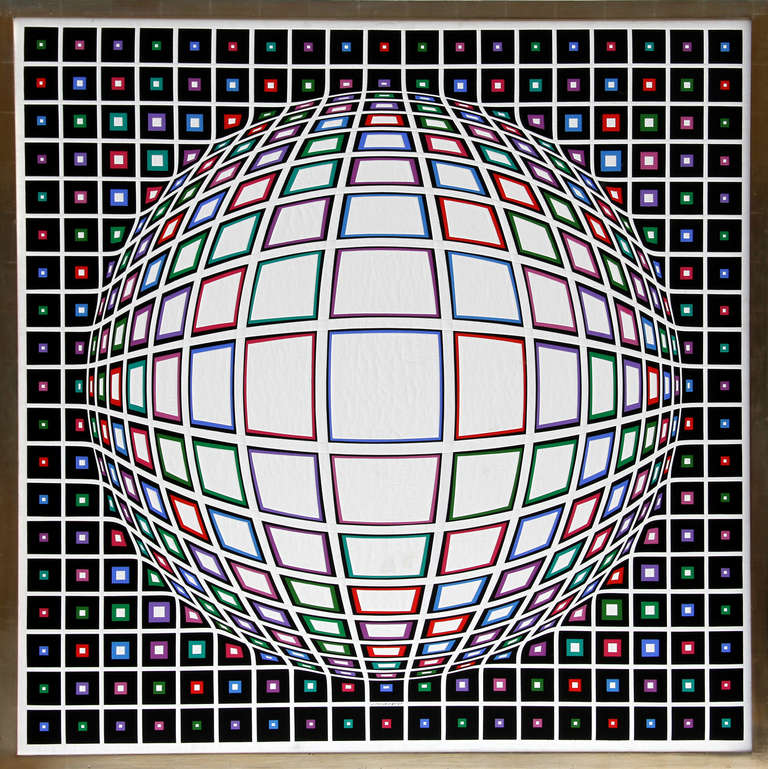 Victor Vasarely’s Op Art painting generates a sense of movement as it appears to warp into a sphere that is overlaid with stripes in a geometric pattern.

Victor Vasarely, Hungarian (1908 - 1997)
Title: Bianco
Date: 1987
Acrylic on Canvas, signed,