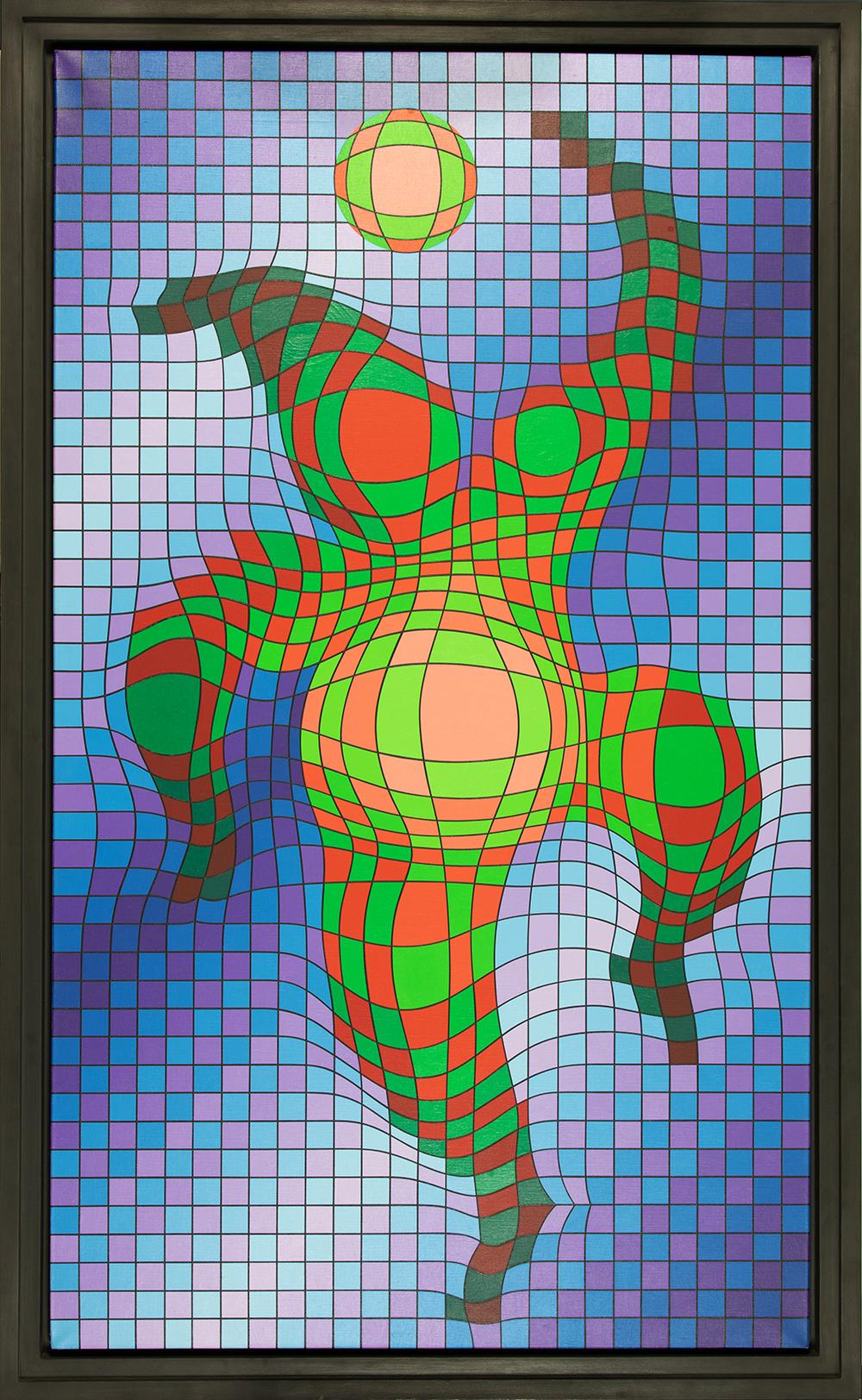 *UK BUYERS WILL PAY AN ADDITIONAL 5% IMPORT DUTY ON TOP OF THE ABOVE PRICE

Le Jongleur by Victor Vasarely (1906-1997)
Acrylic on canvas
137.5 x 80.5 cm (54 ¹/₈ x 31 ³/₄ inches)
Signed lower centre, vasarely.
Executed circa 1985

Provenance
Private